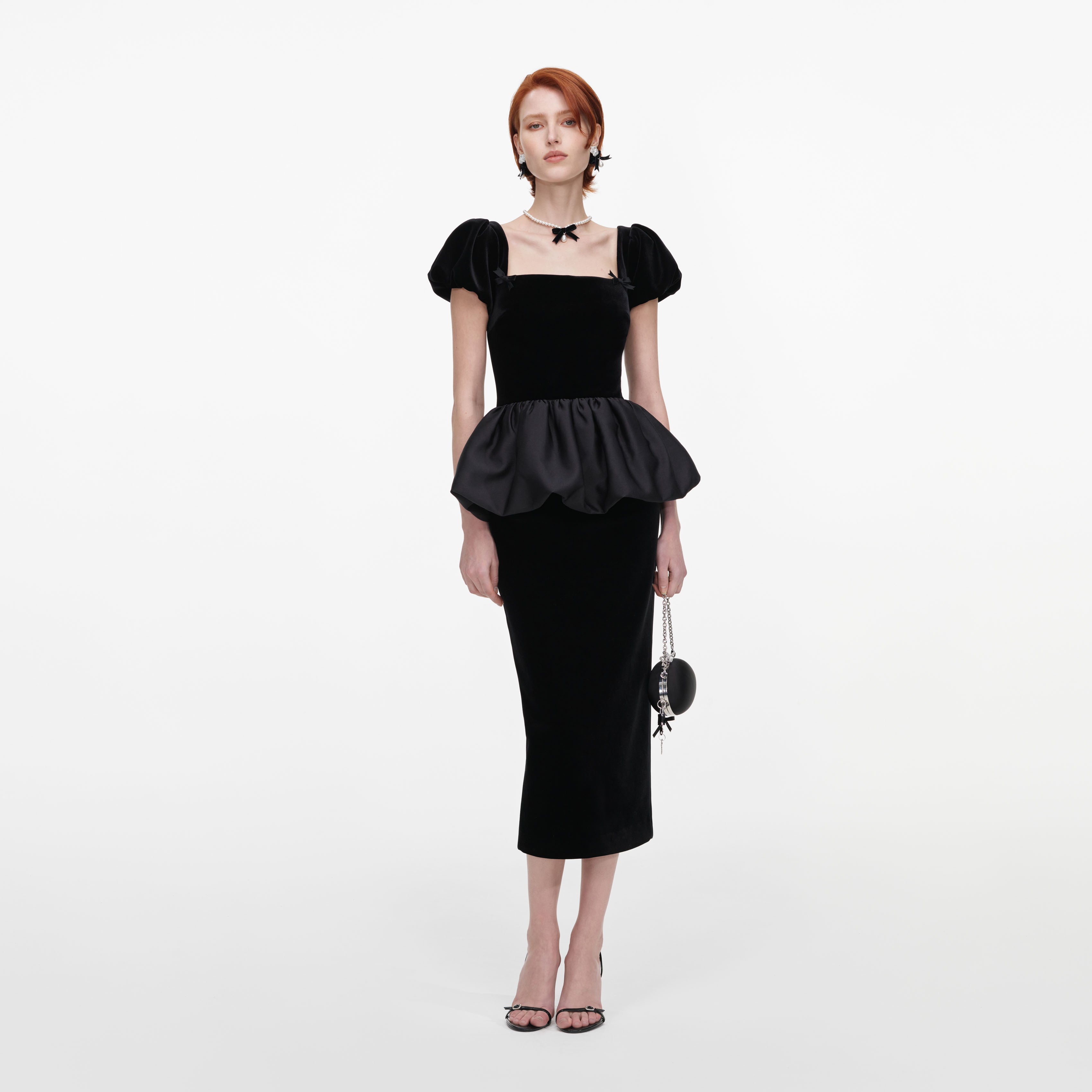 Self Portrait Black Velvet Bubble Peplum Midi Dress