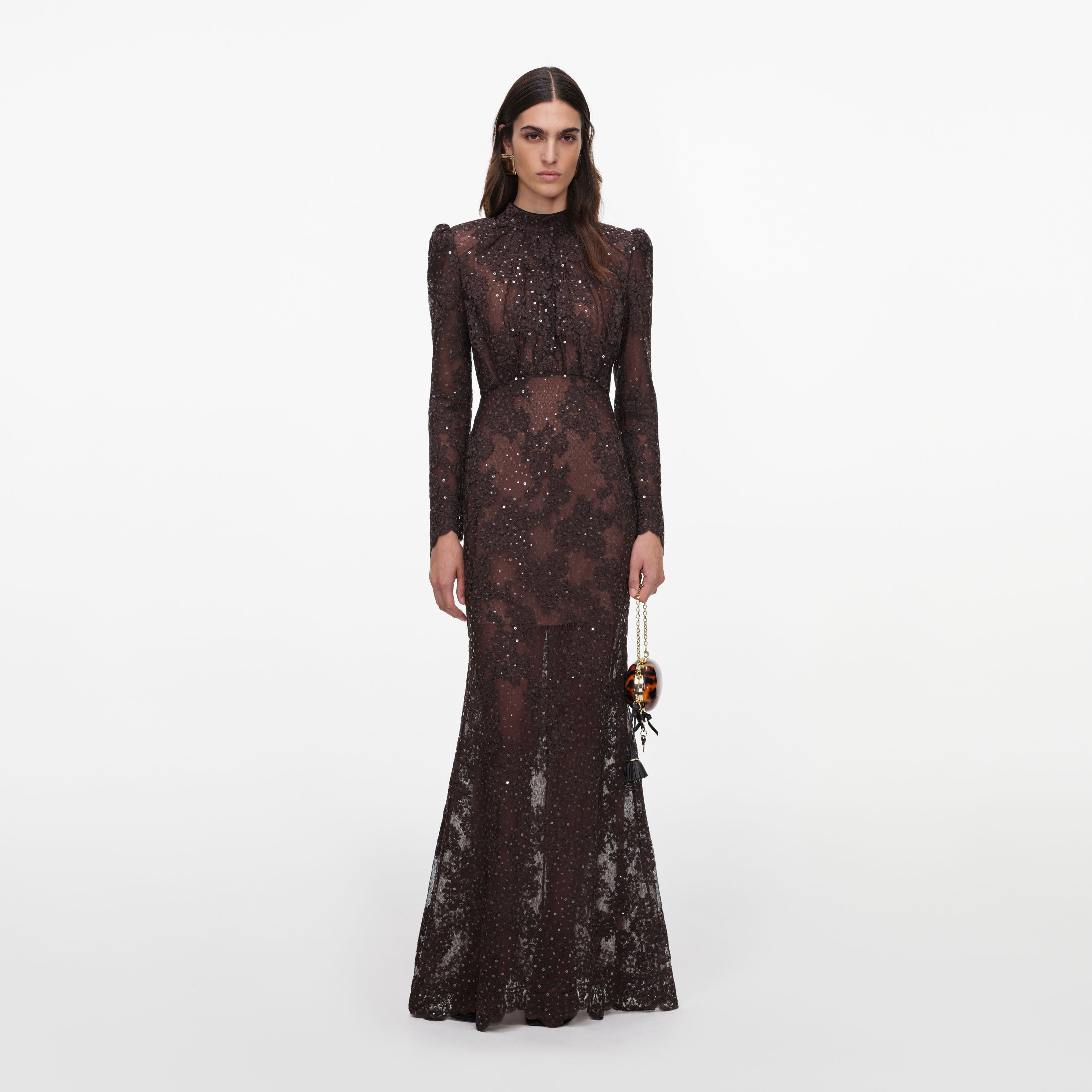 Self Portrait Brown Sequin Lace Maxi Dress
