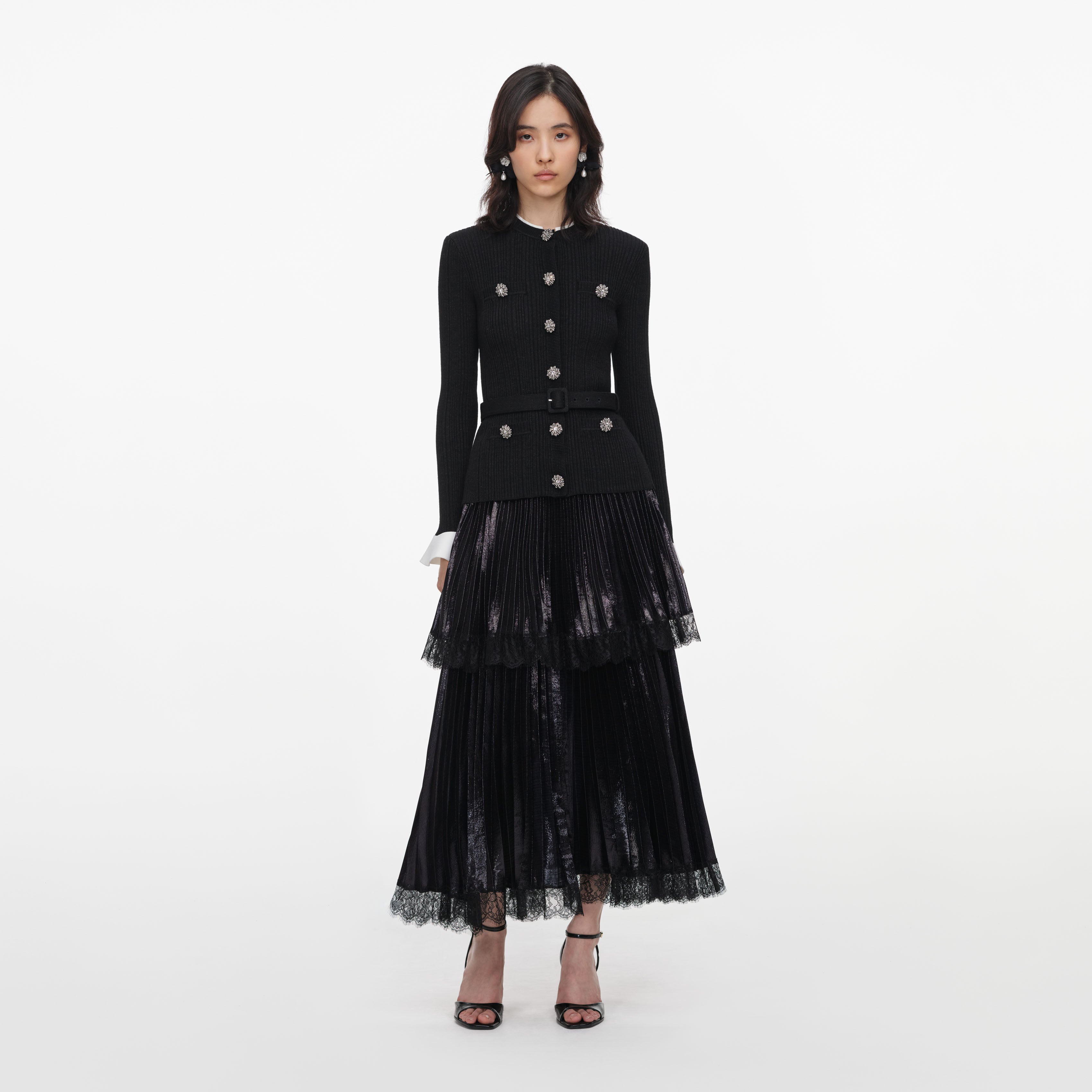 Self Portrait Black Knit Metallic Chiffon Midi Dress