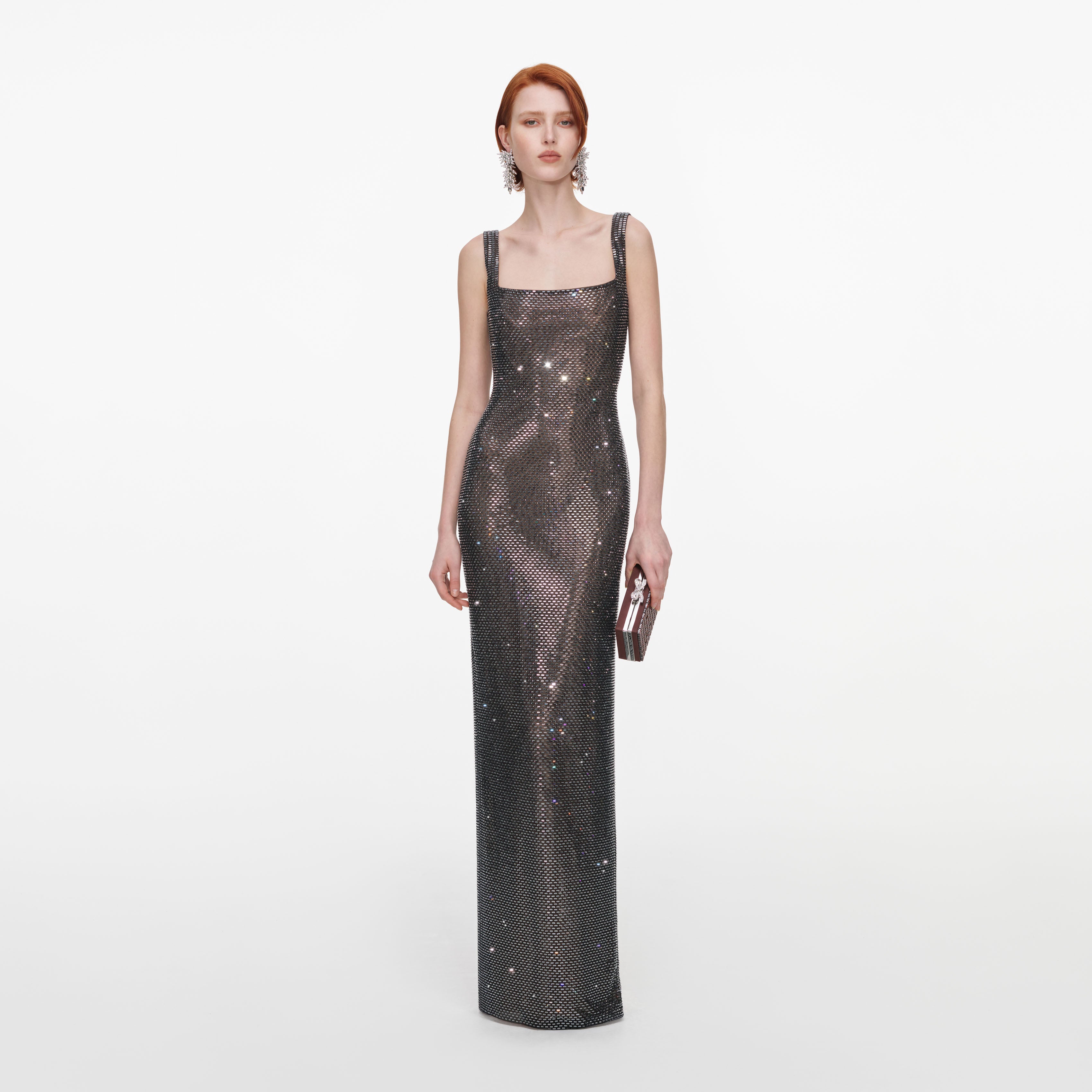 Self Portrait Gunmetal Square Neck Rhinestone Maxi Dress
