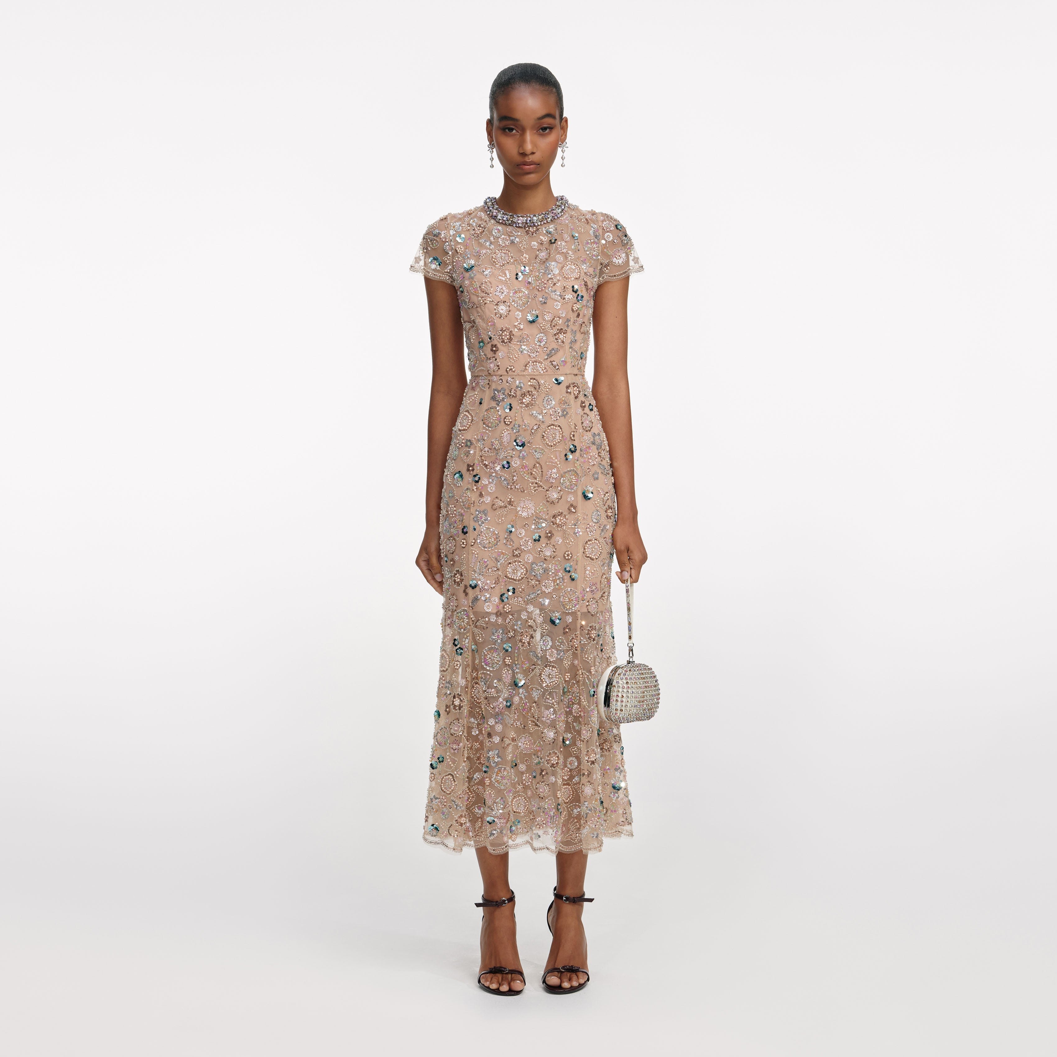 Self Portrait Champagne Sequin Embroidered Midi Dress