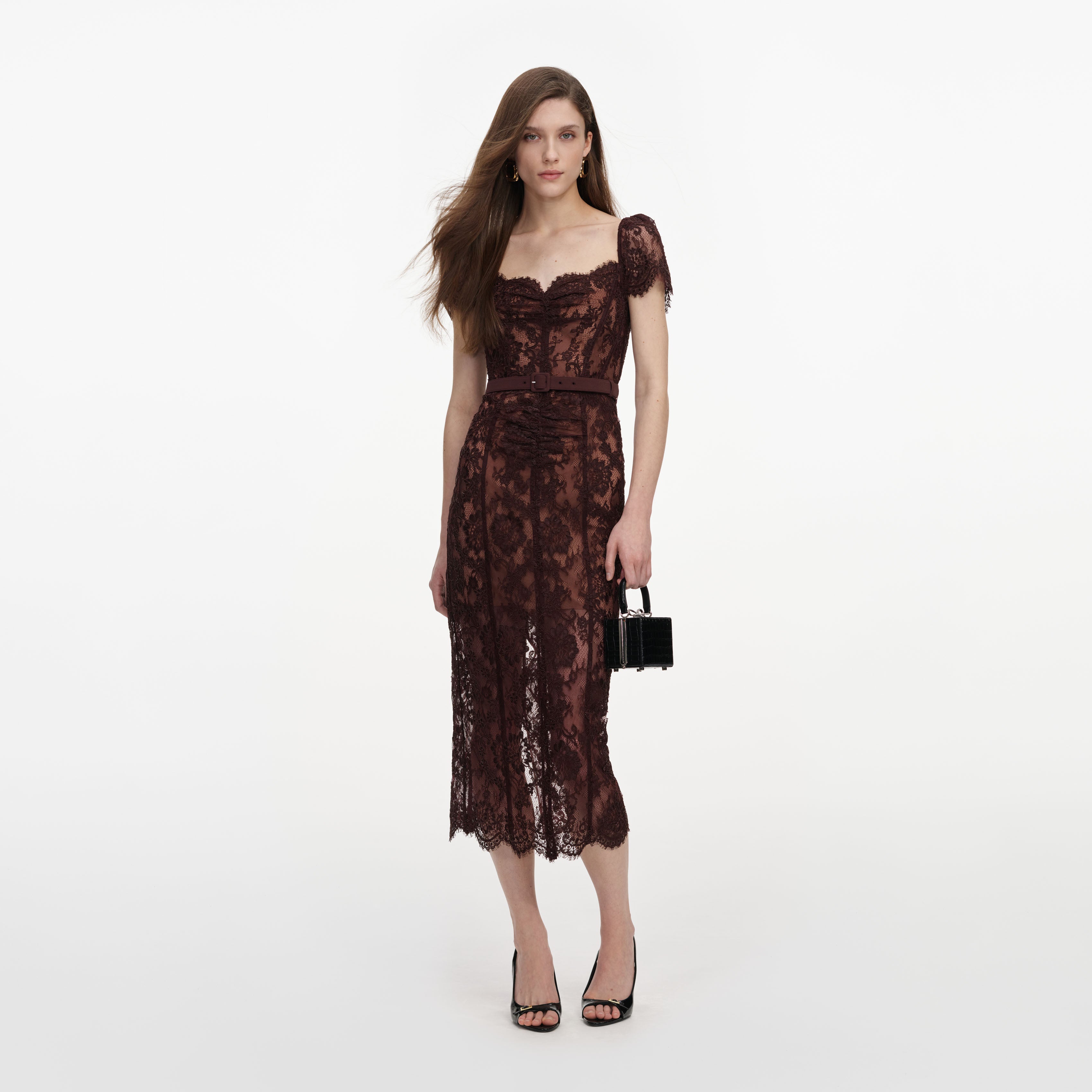 Self Portrait Brown Floral Lace Midi Dress