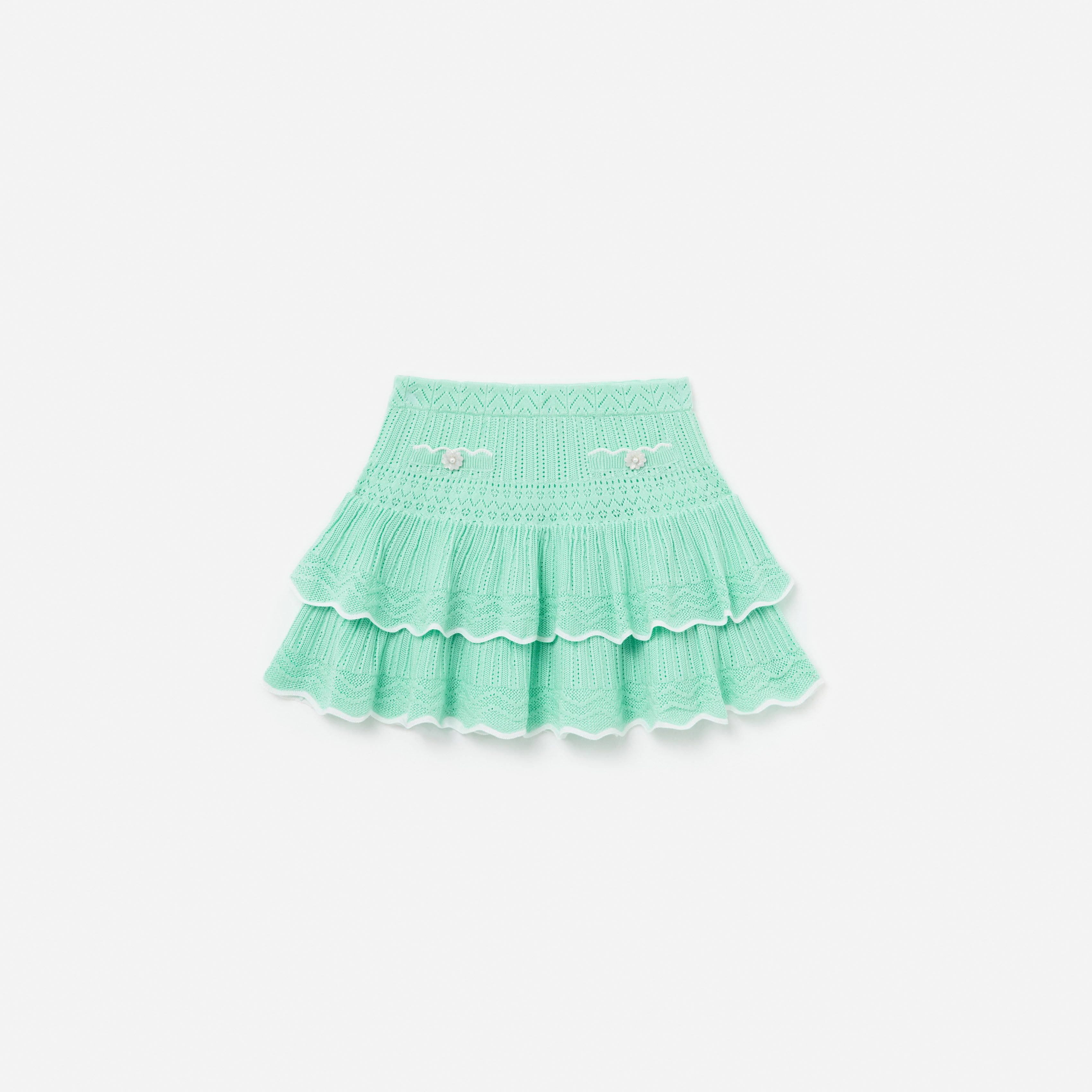 Self Portrait Mint Pointelle Knit Tiered Skirt