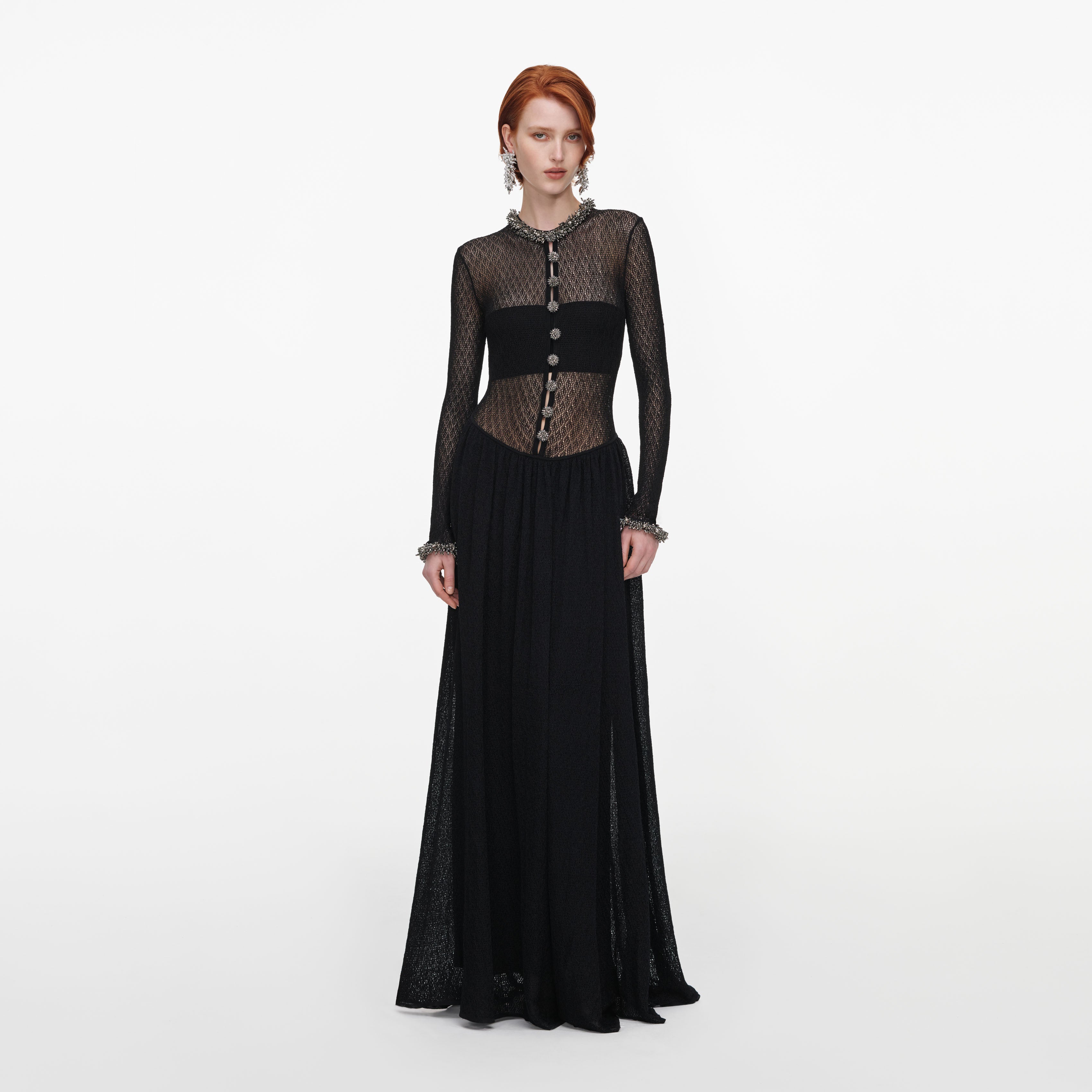 Self Portrait Black Pointelle Knit Embellished Maxi Dress