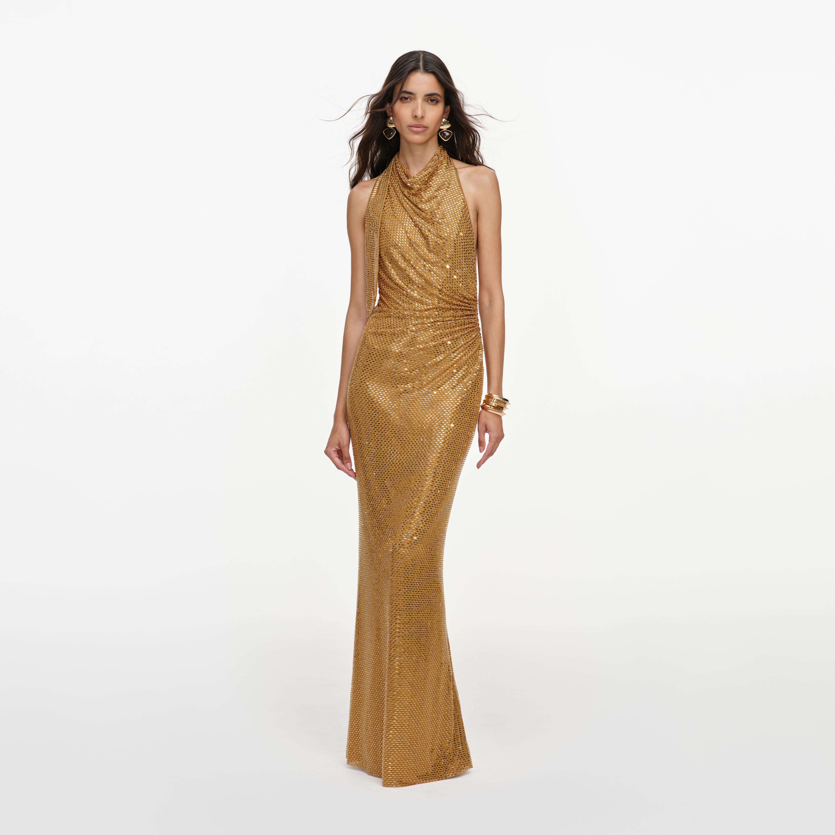 Self Portrait Gold Rhinestone Halter Maxi Dress