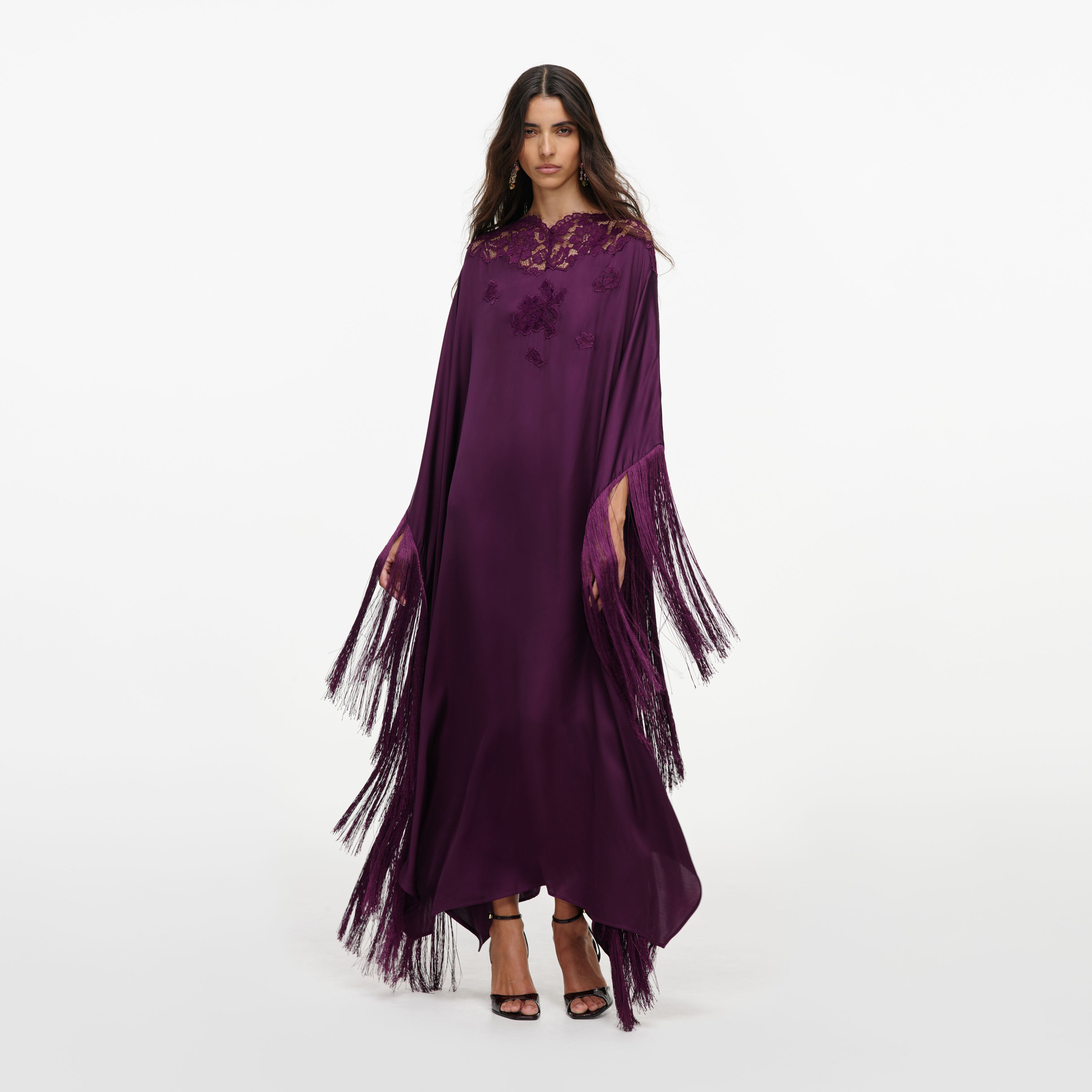 Self Portrait Purple Satin Fringed Kaftan
