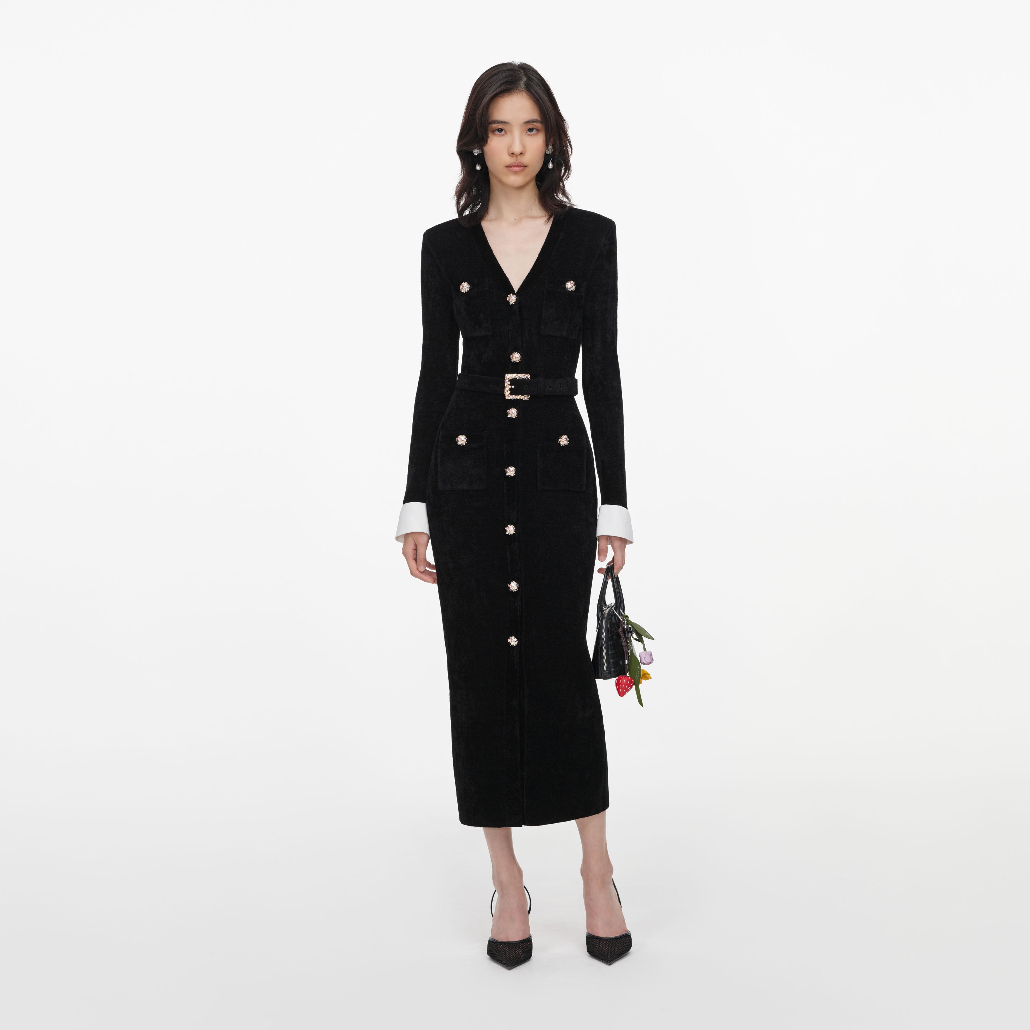 Self Portrait Black Chenille Knit Midi Dress