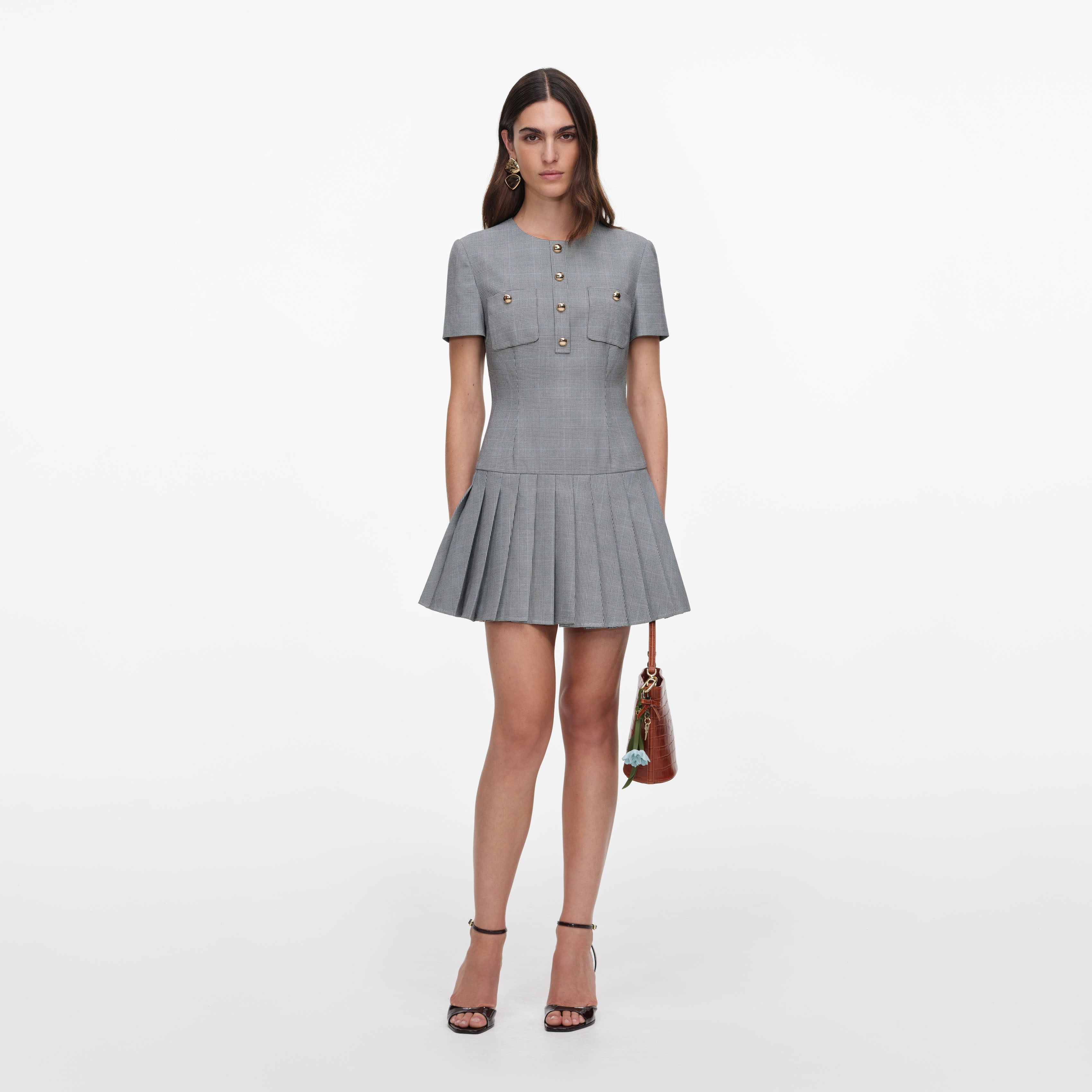 Self Portrait Grey Check Pleated Mini Dress