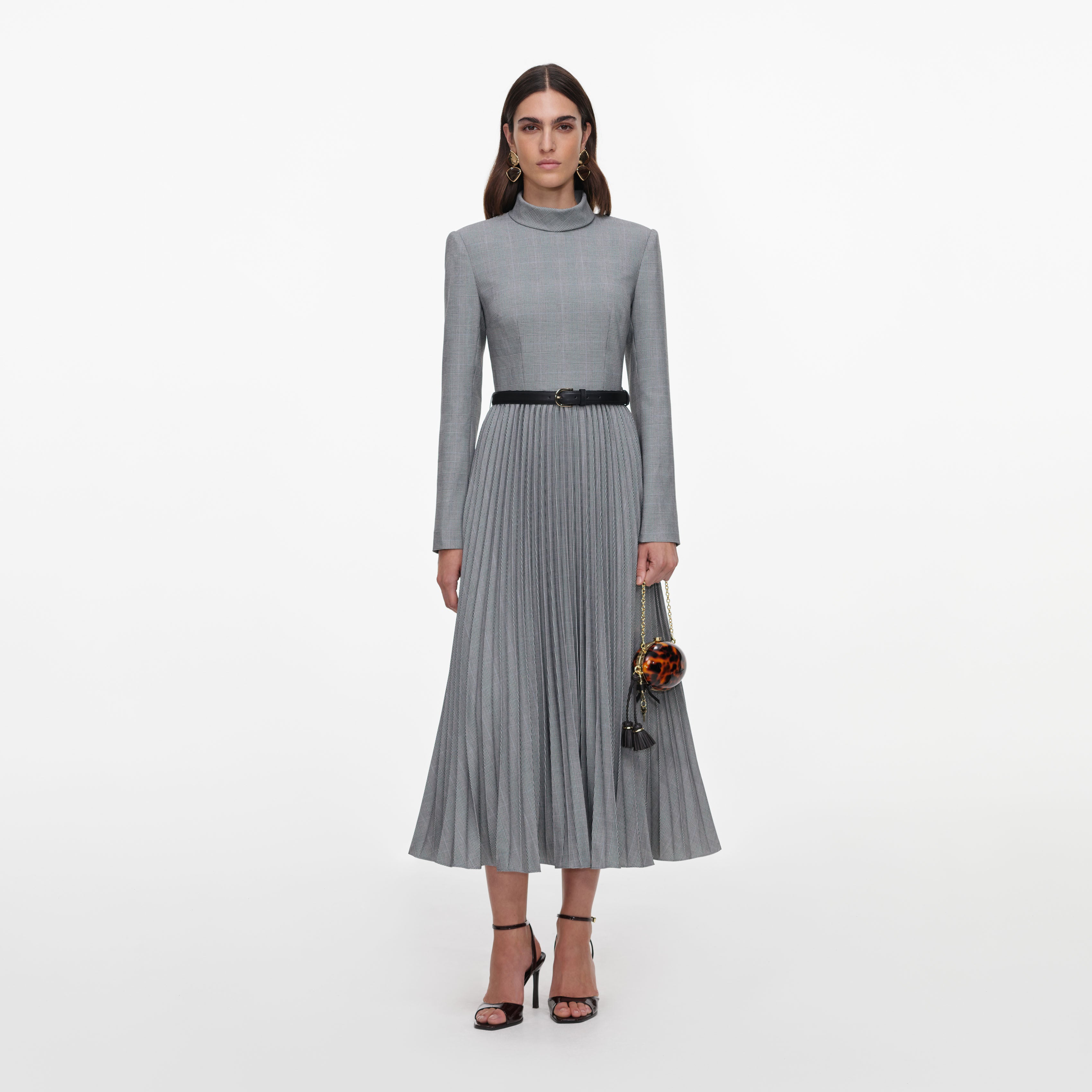 Self Portrait Grey Check Pleated Midi Dress