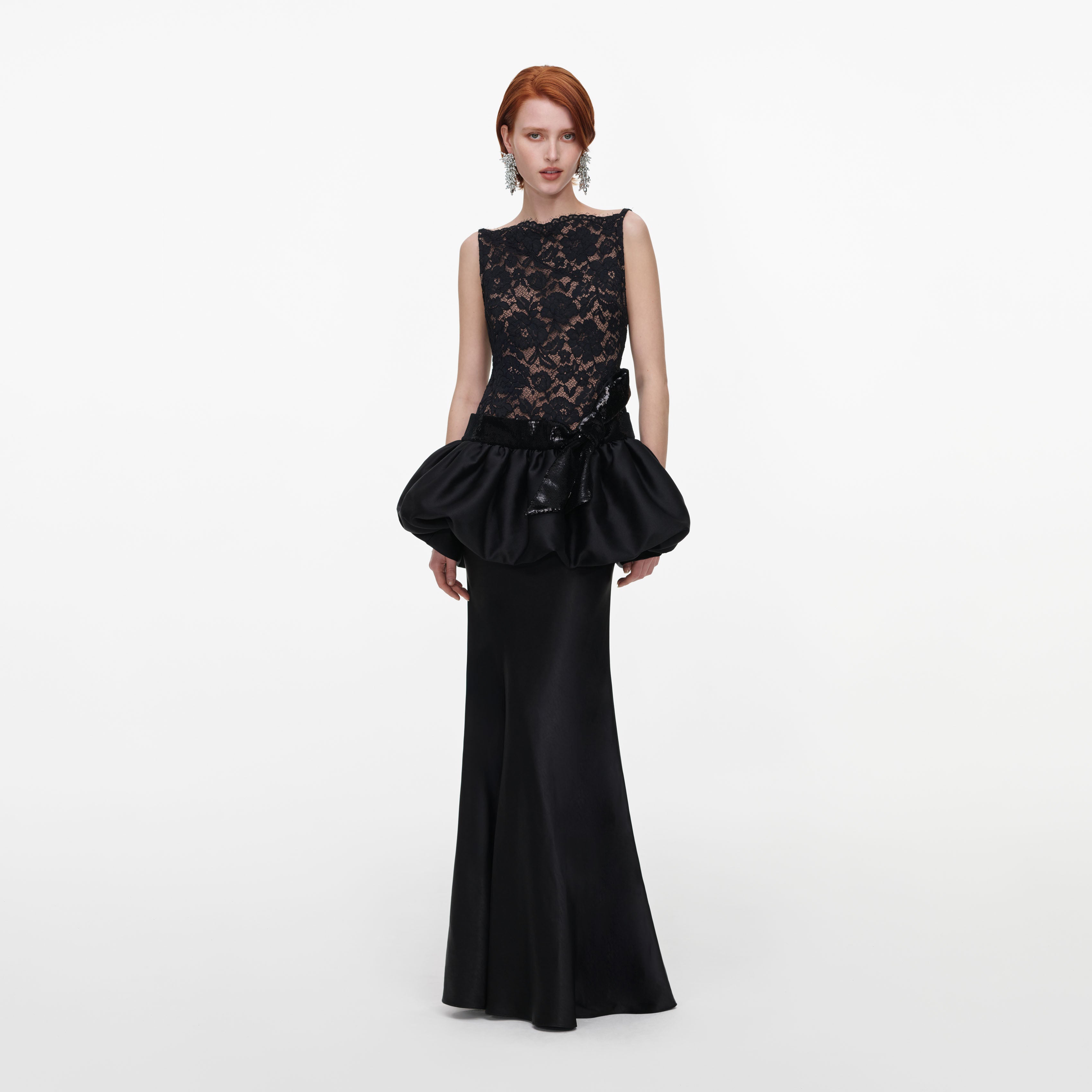 Self Portrait Black Lace Bubble Peplum Maxi Dress
