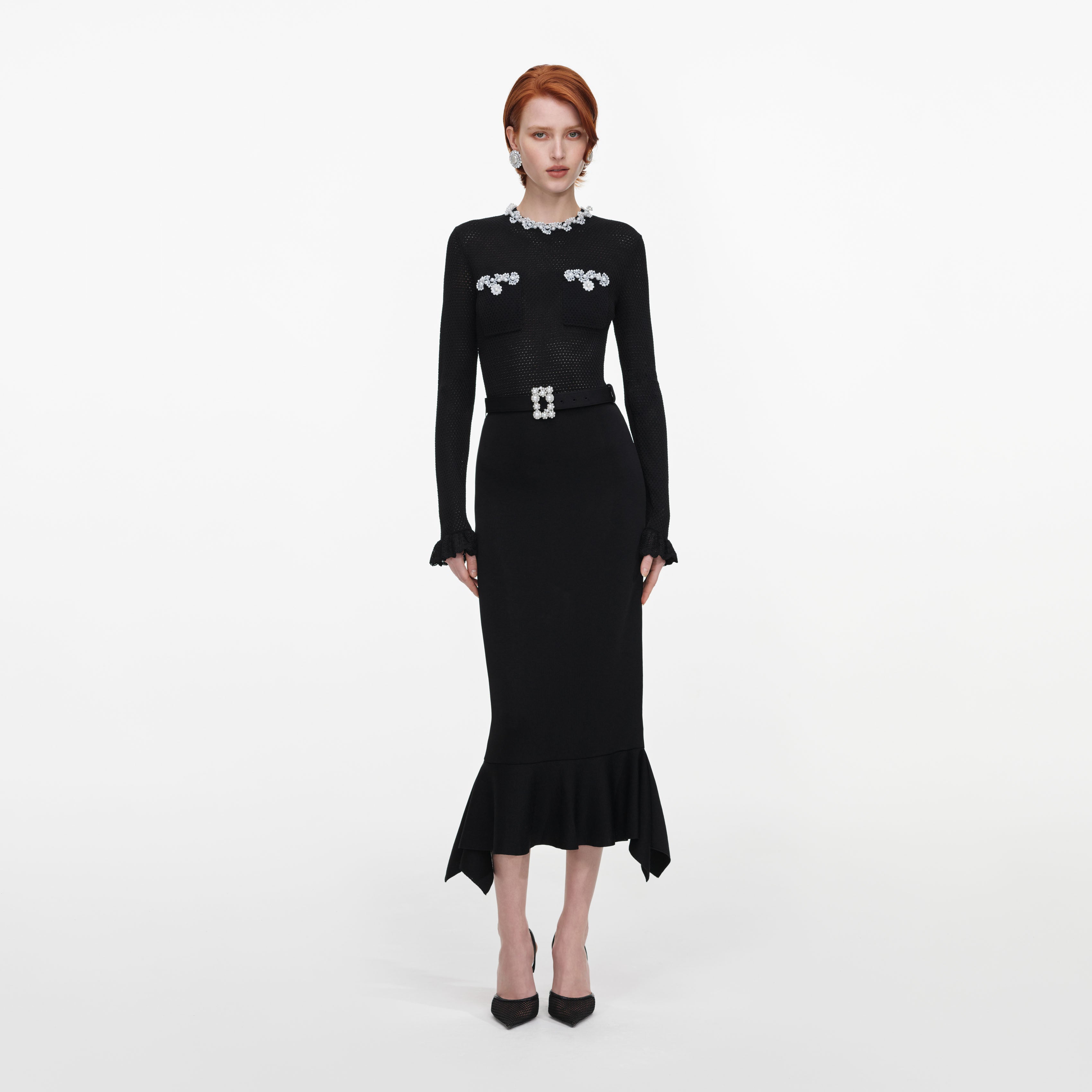 Self Portrait Black Pearl Trim Knit Midi Dress