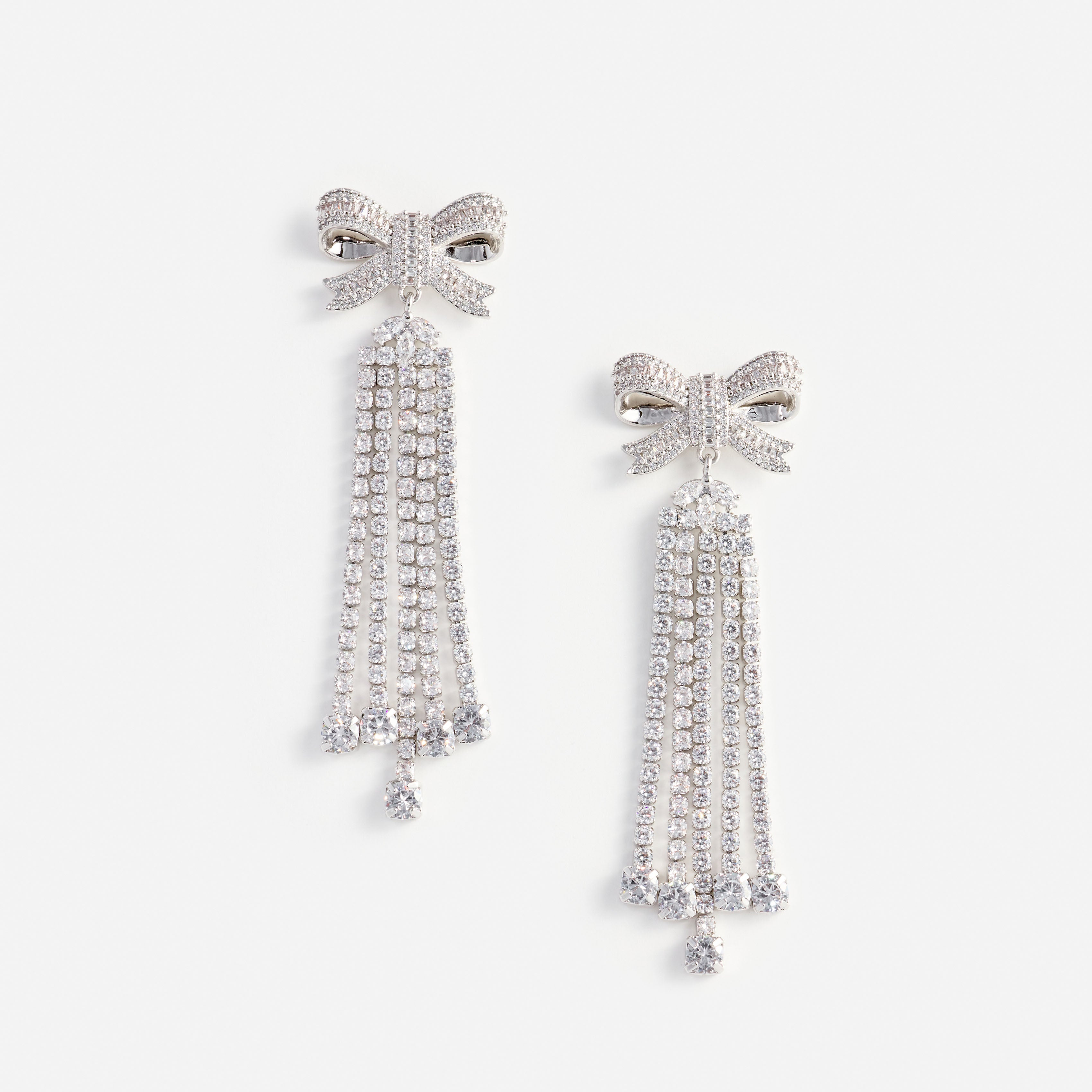 Self Portrait Silver Crystal Bow Droplet Earrings
