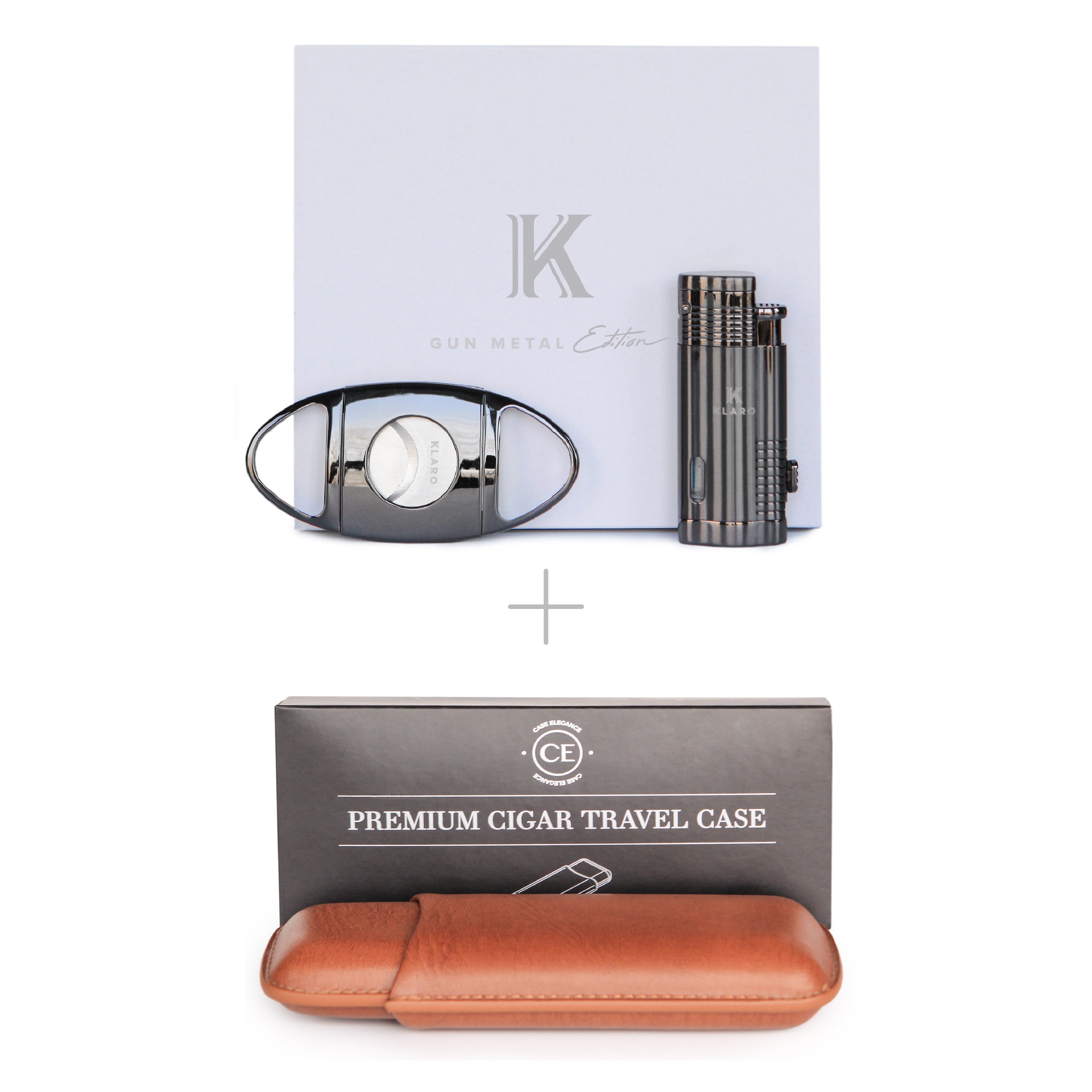 Case Elegance Premium Gunmetal Accessory Bundle - Cigar Cutter, Torch Lighter, Travel Case