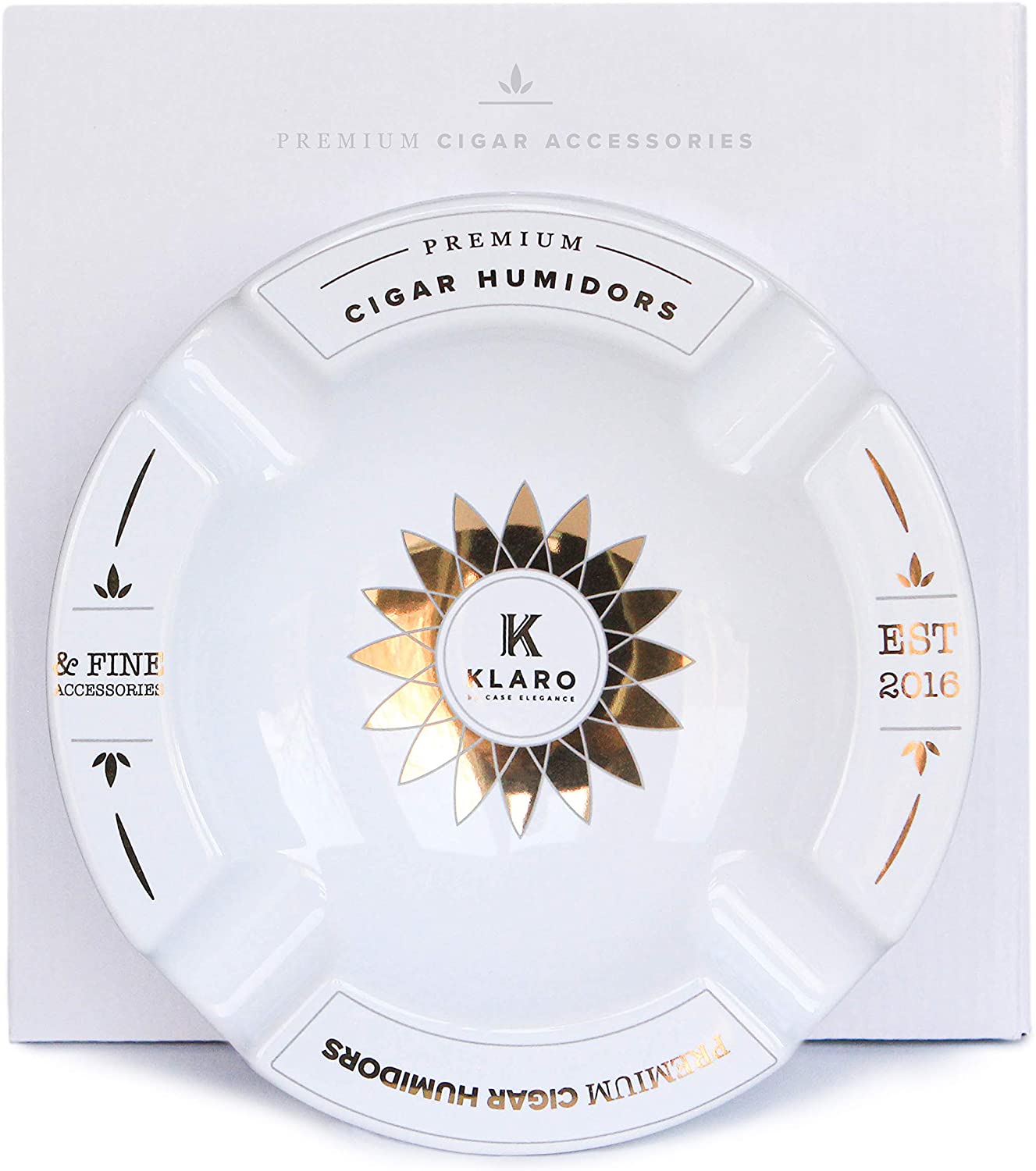Case Elegance Klaro Round Large White and Gold Inlay Ceramic Ashtray for Four Cigars