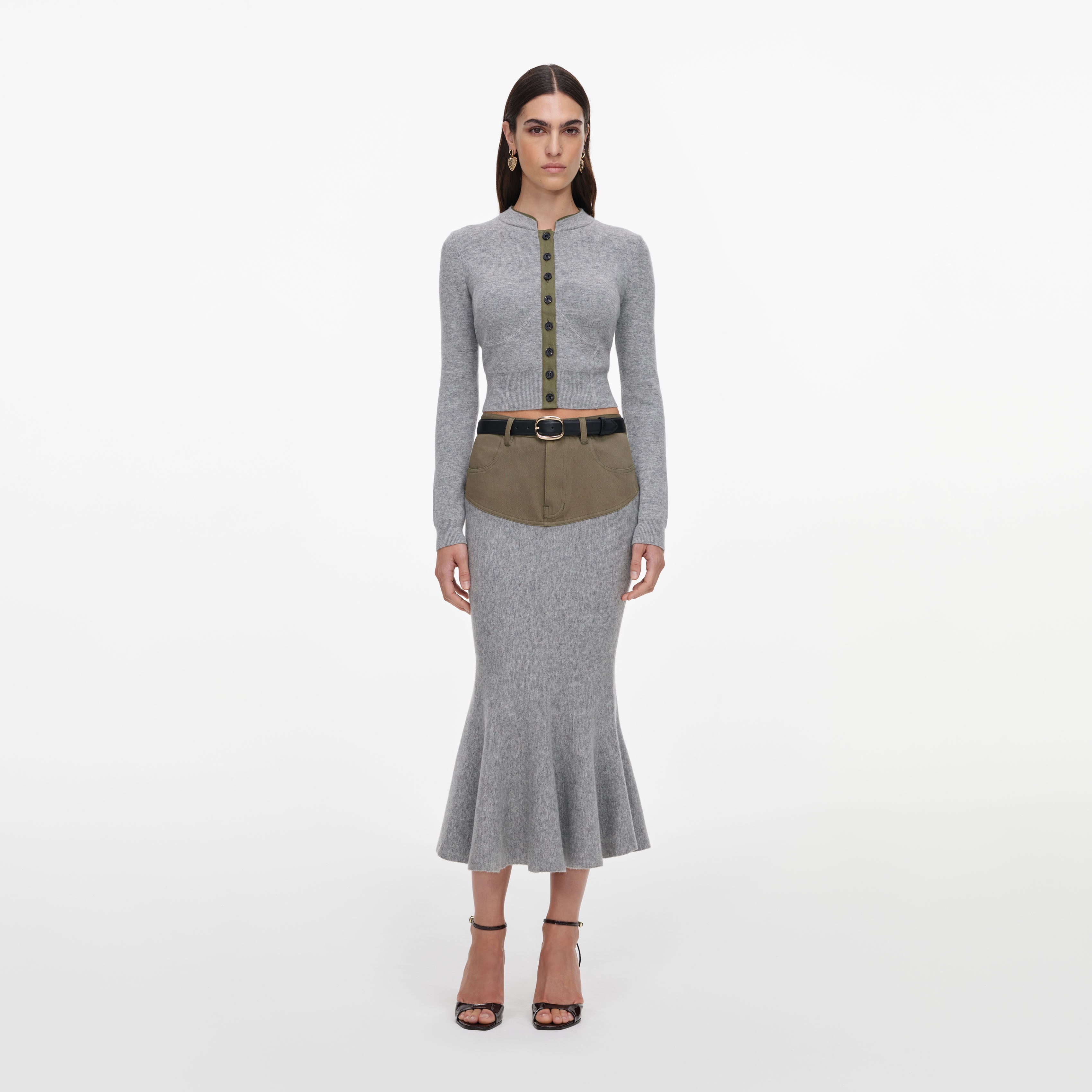 Self Portrait Grey Contrast Placket Cardigan