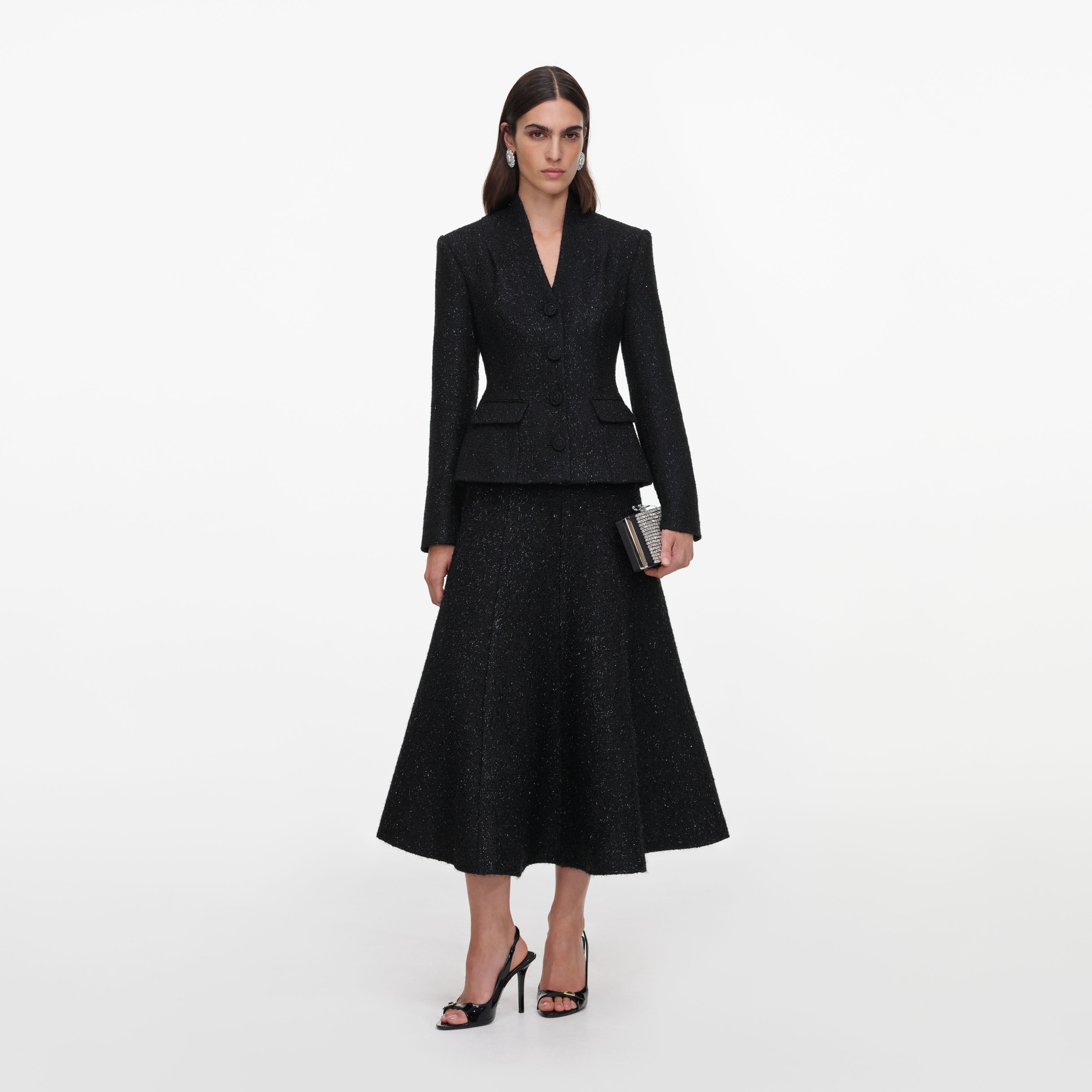 Self Portrait Black Metallic Boucle Midi Dress