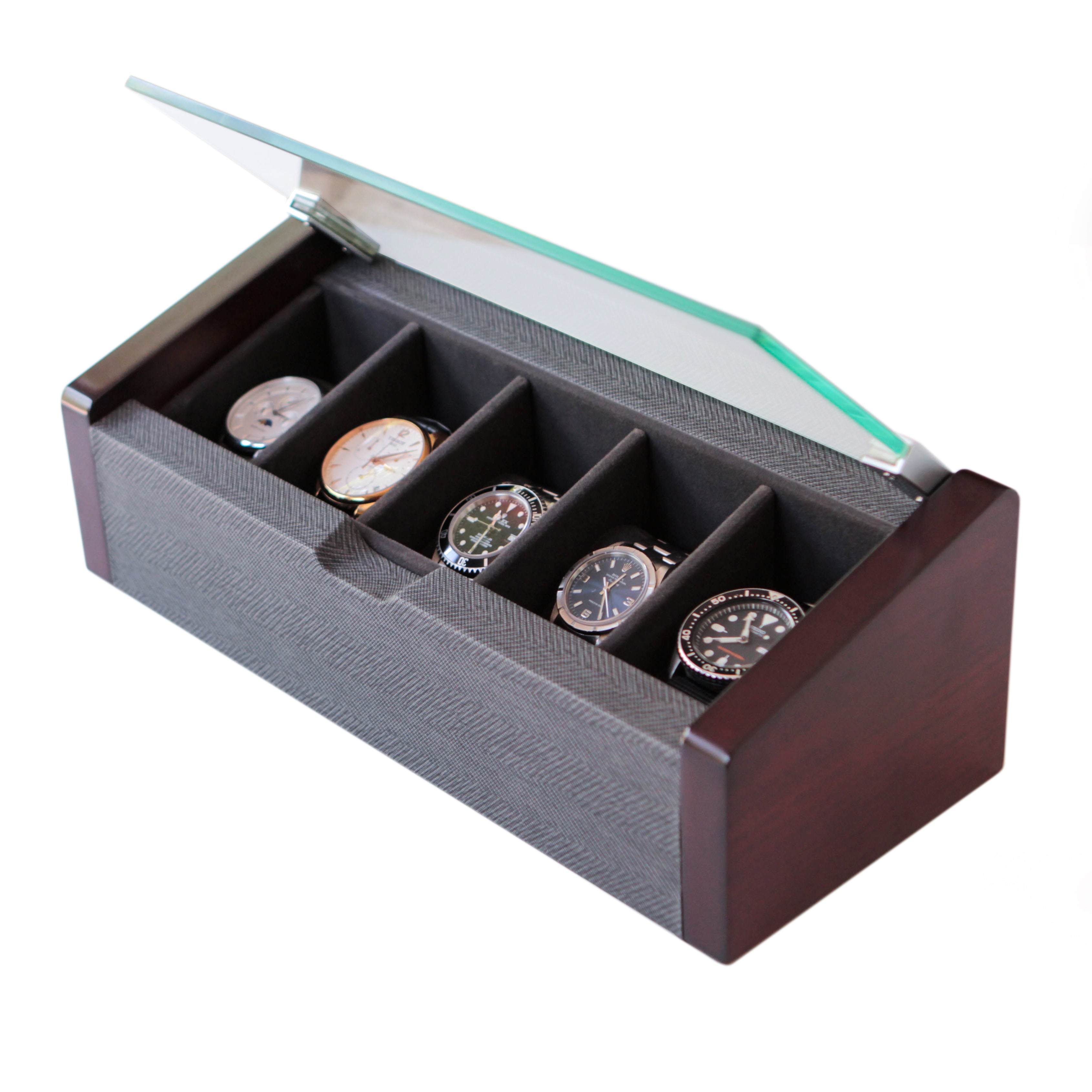 Case Elegance Premium Angled Glass Watch Box - 5 Slot Cherry and Herringbone
