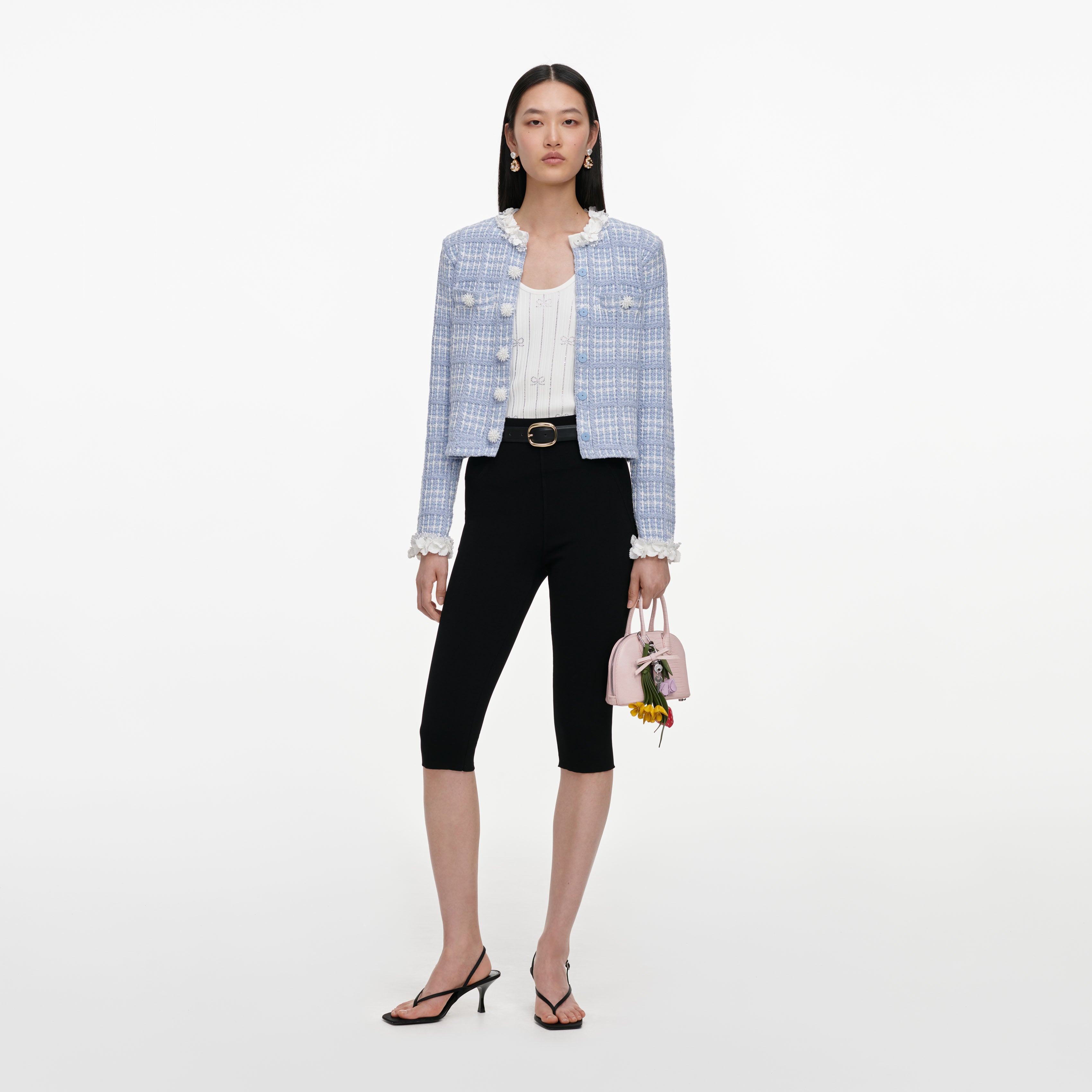 Self Portrait Blue Check Knit Beaded Jacket