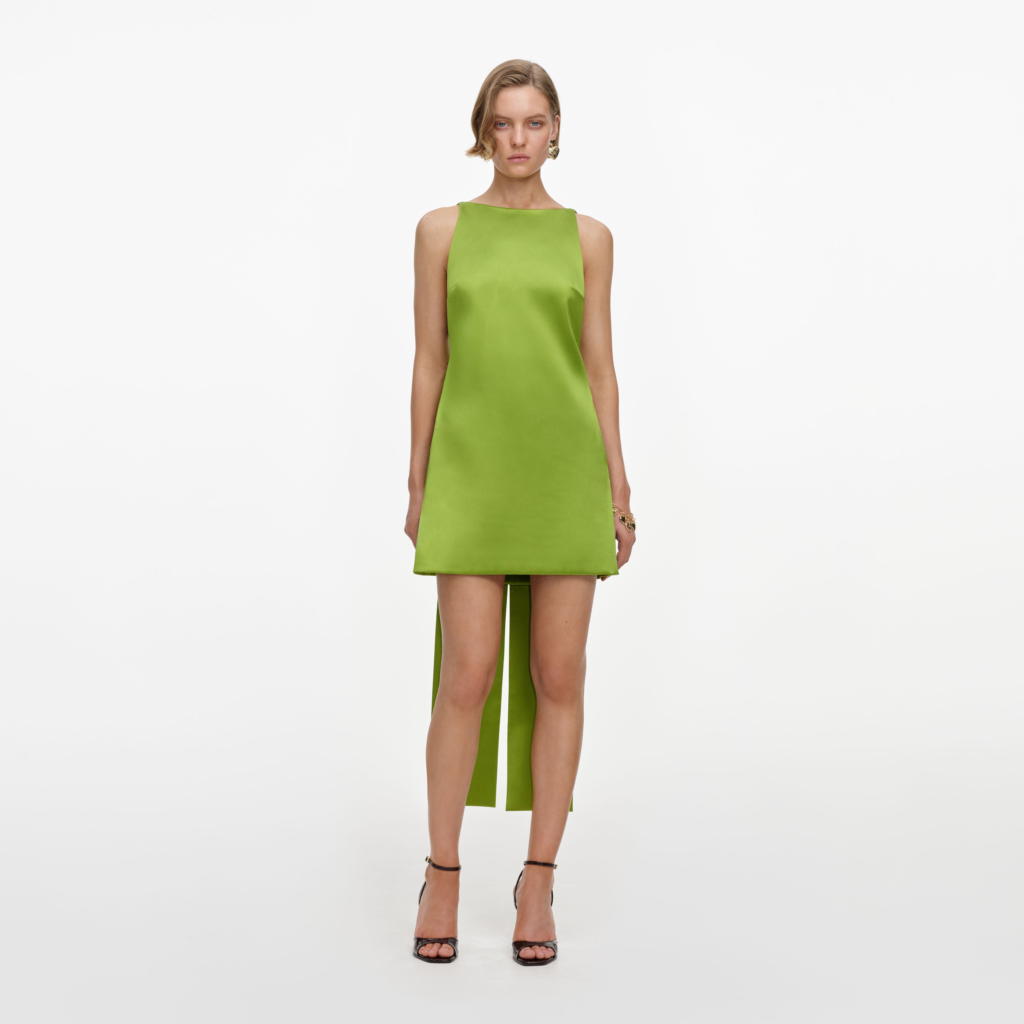 Self Portrait Green Satin Bow Mini Dress