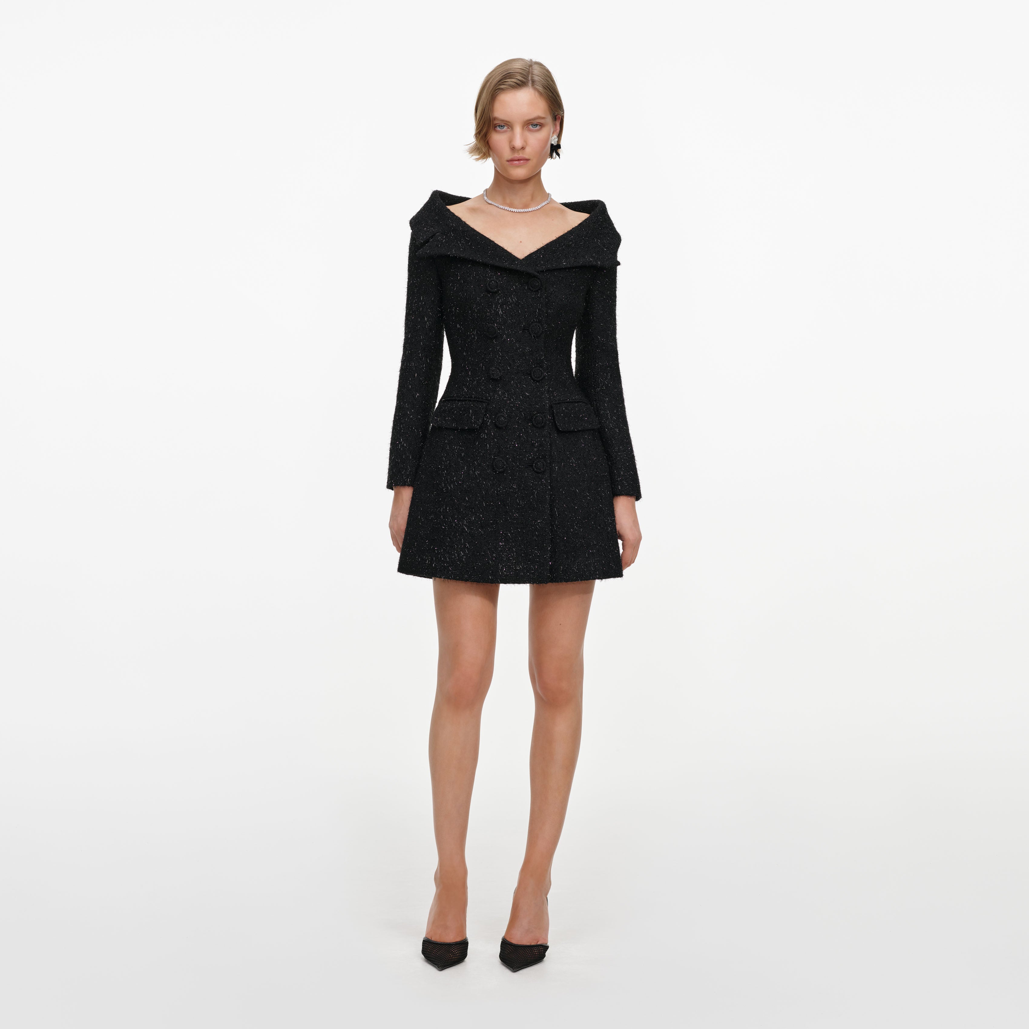 Self Portrait Black Metallic Boucle Mini Dress