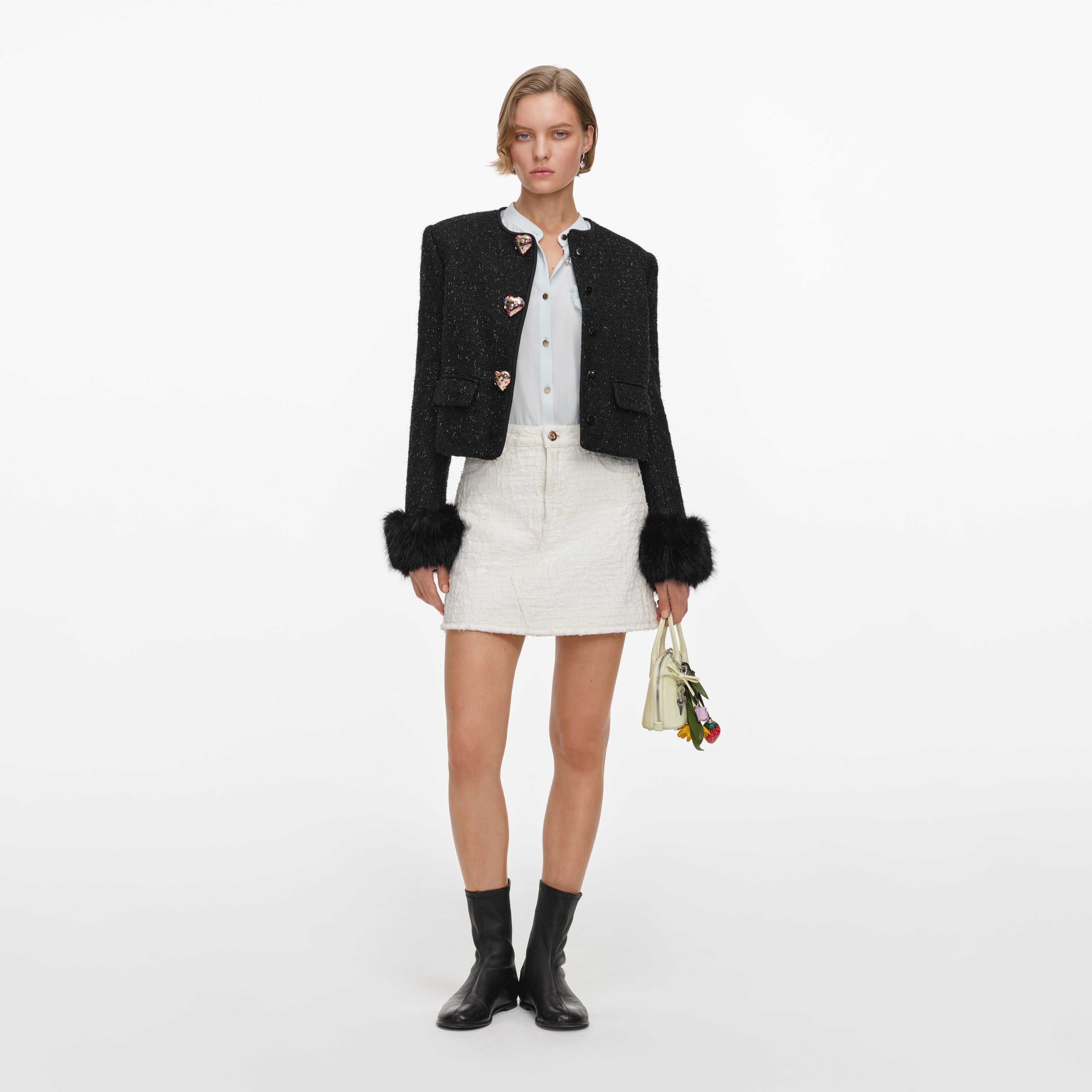 Self Portrait Black Metallic Boucle Fur Cuff Jacket