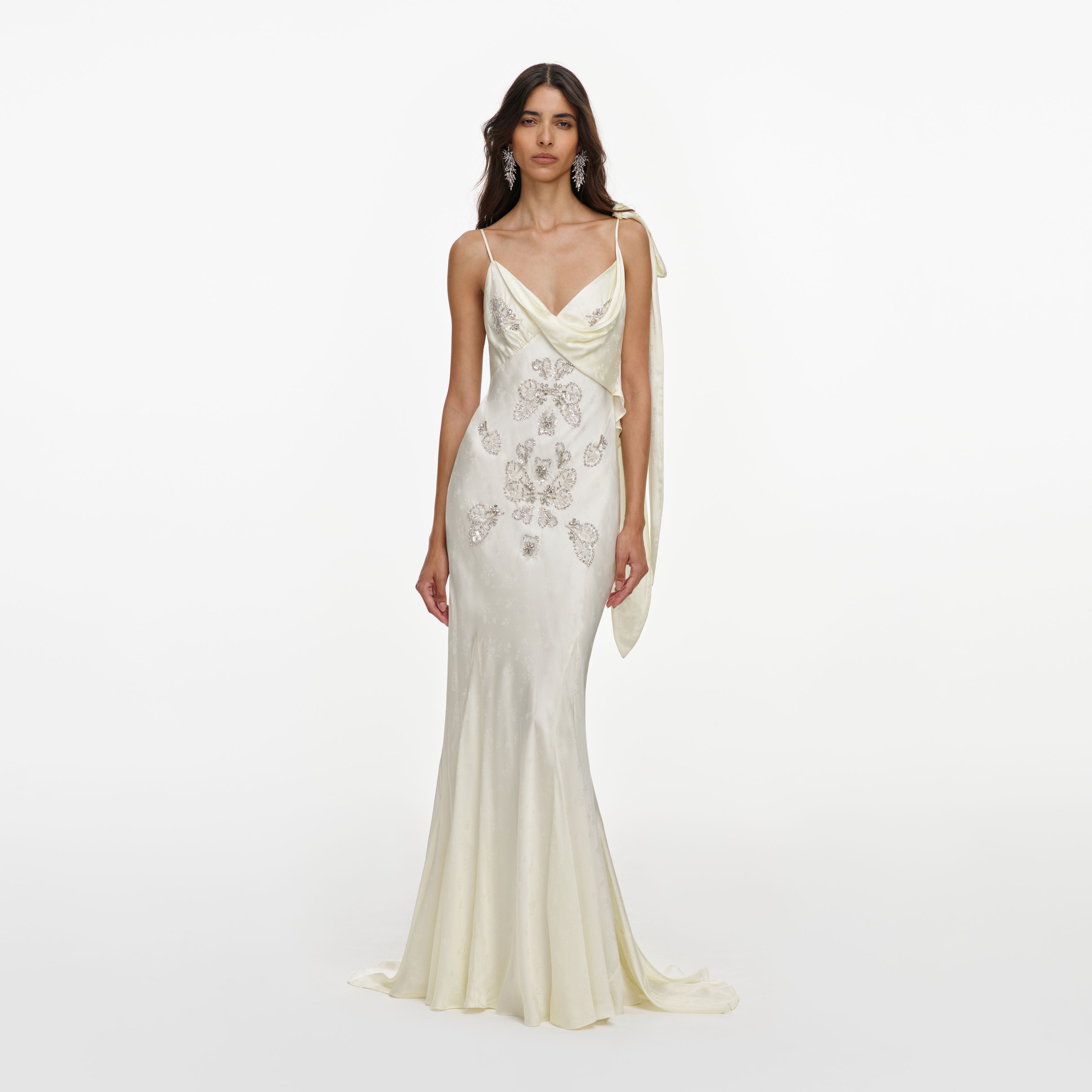 Self Portrait Cream Satin Jacquard Embellished Maxi Dress
