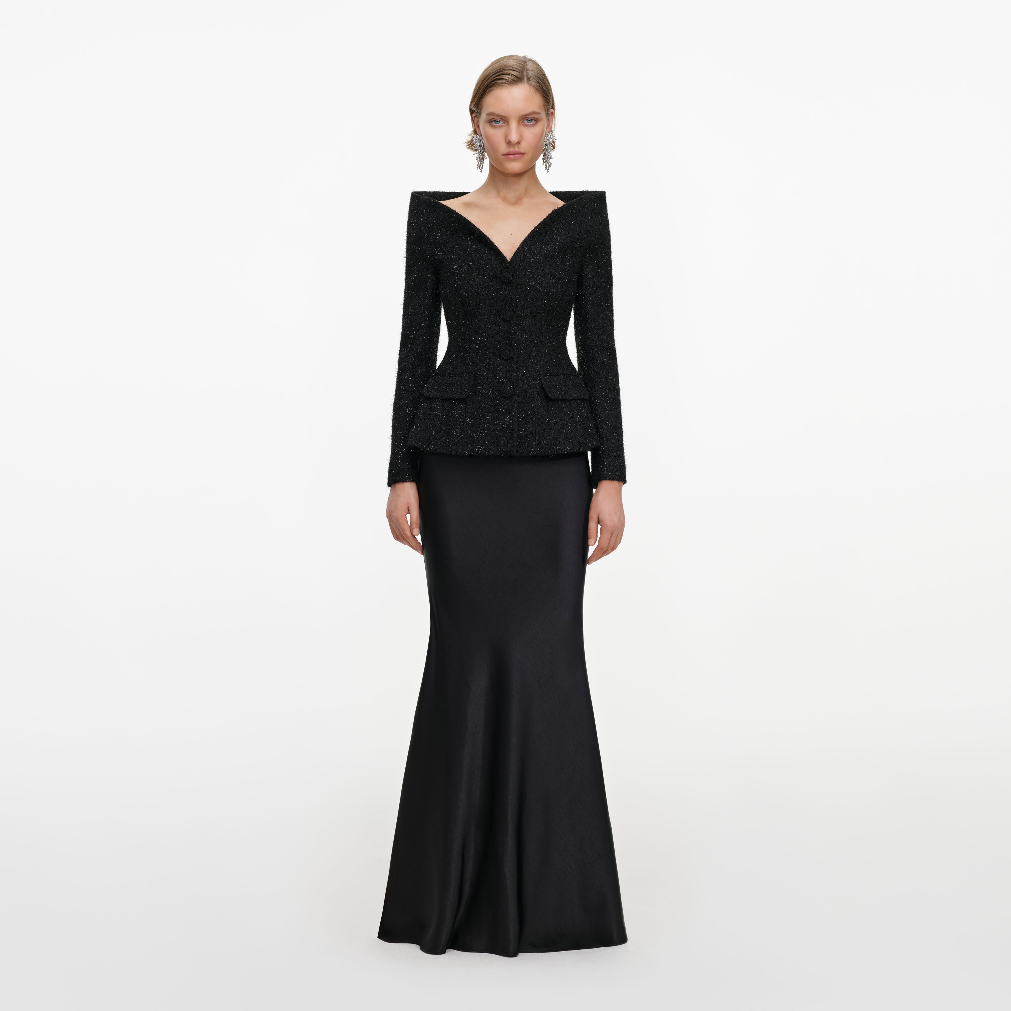 Self Portrait Black Metallic Boucle Satin Maxi Dress