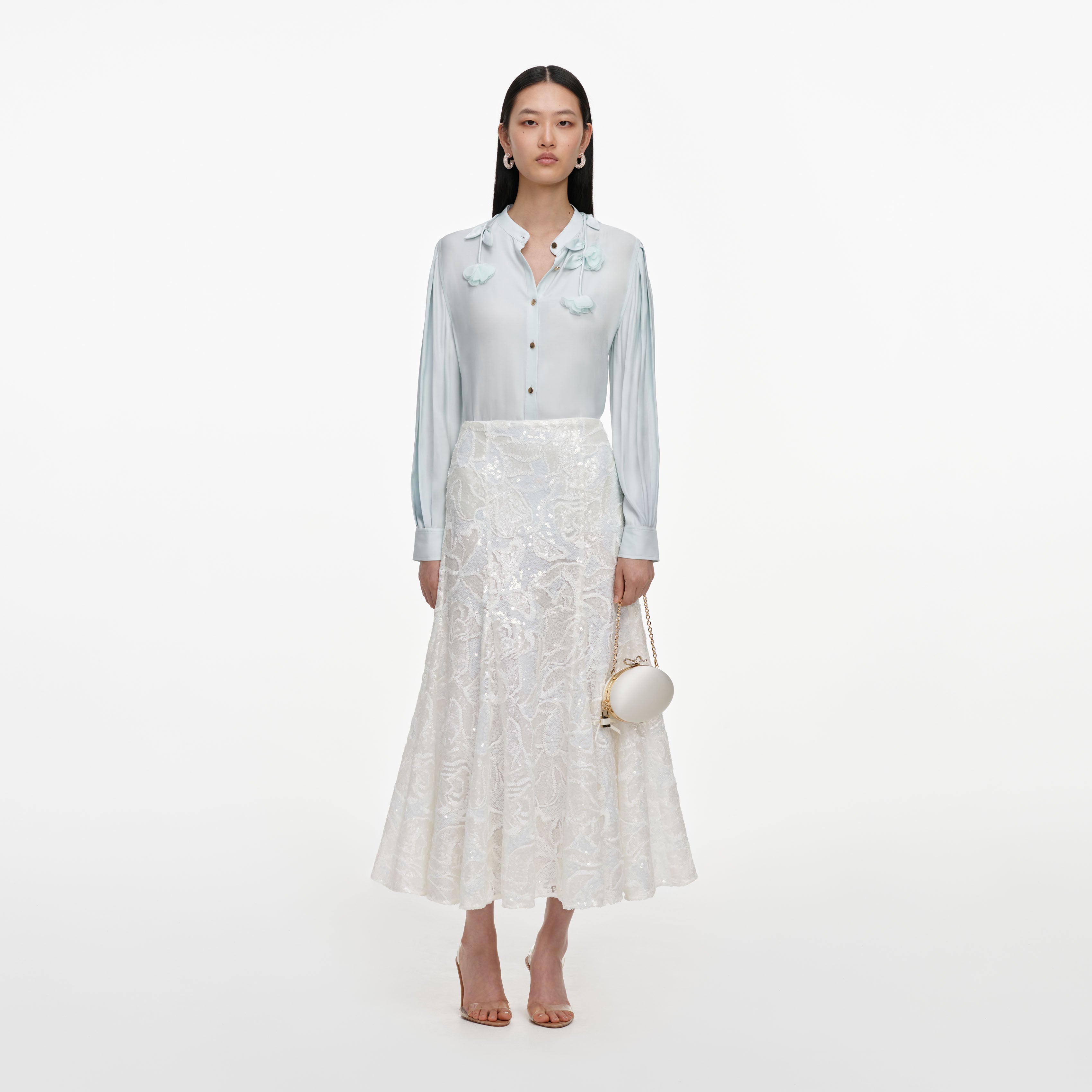 Self Portrait White Sequin Lace Midi Skirt
