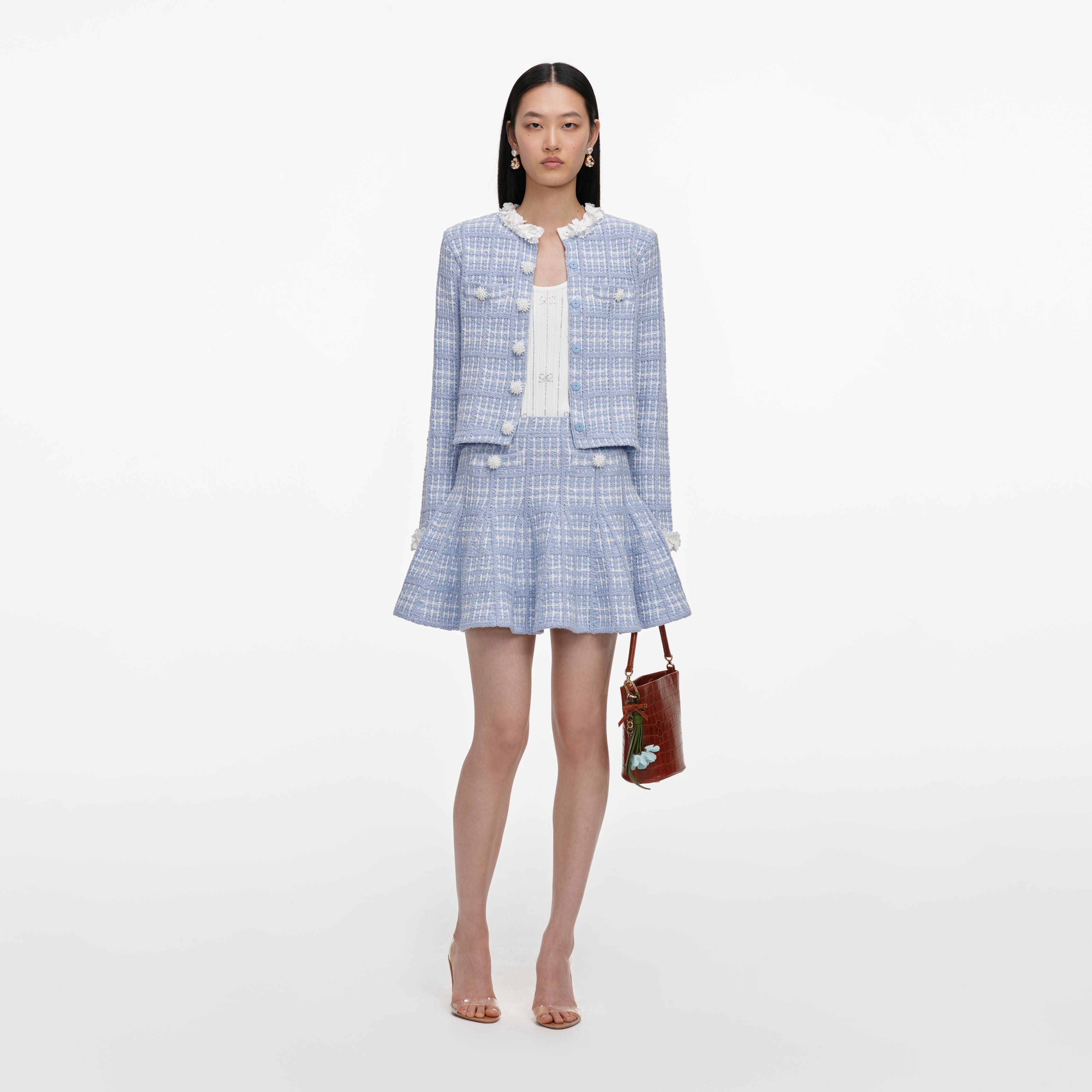 Self Portrait Blue Check Knit Mini Skirt