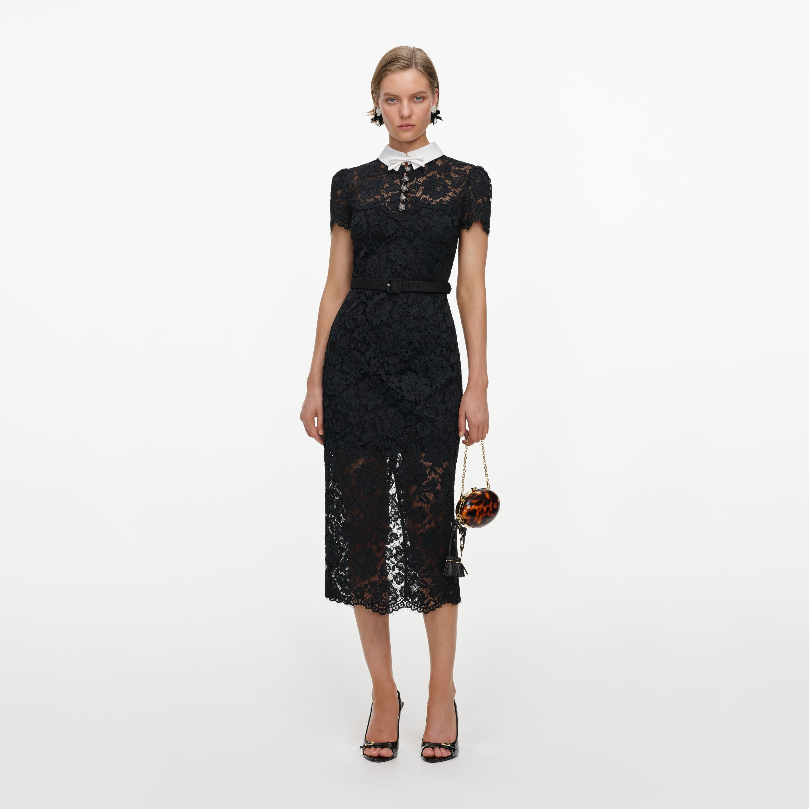 Self Portrait Black Lace Contrast Collar Midi Dress
