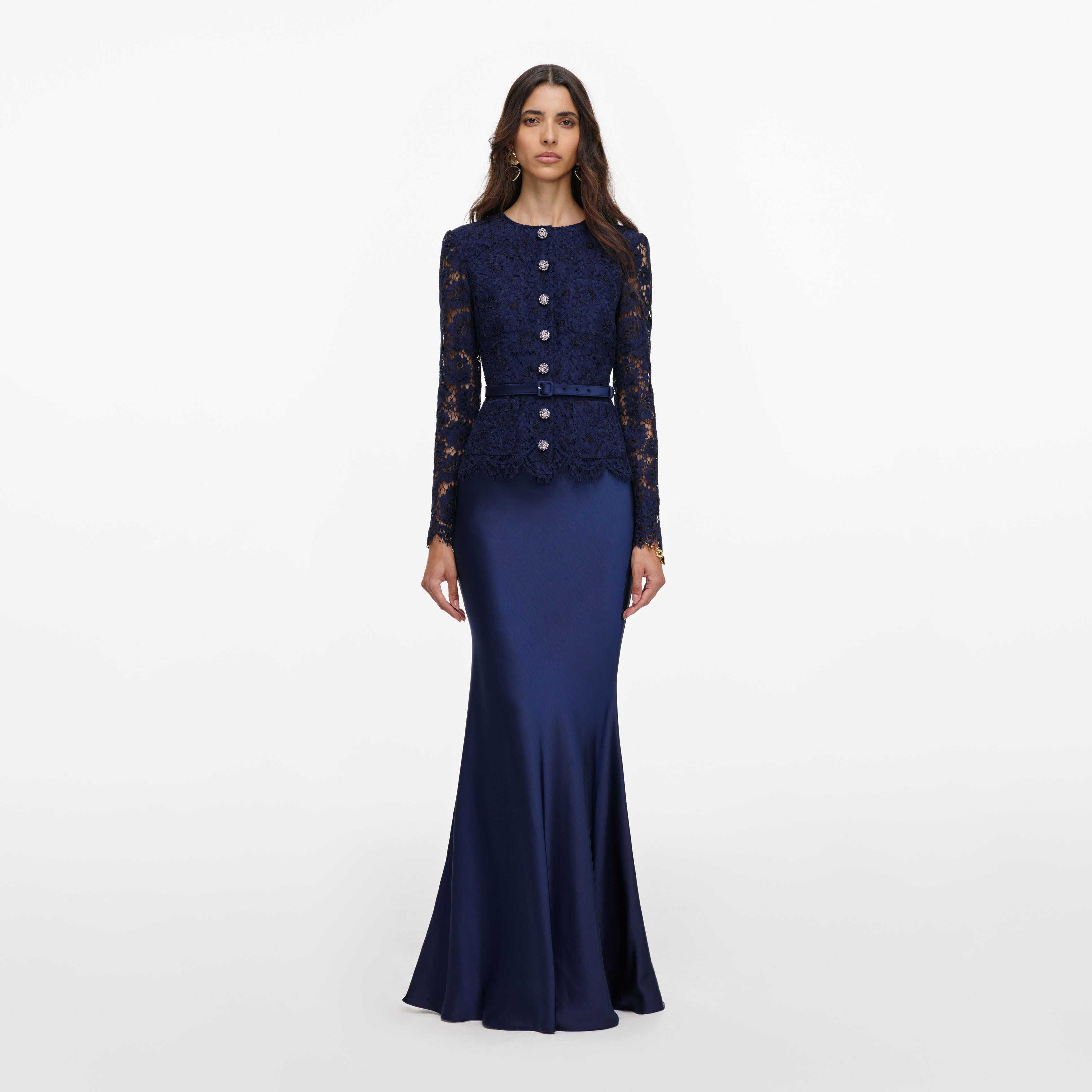 Self Portrait Navy Tailored Lace Satin Maxi Dress