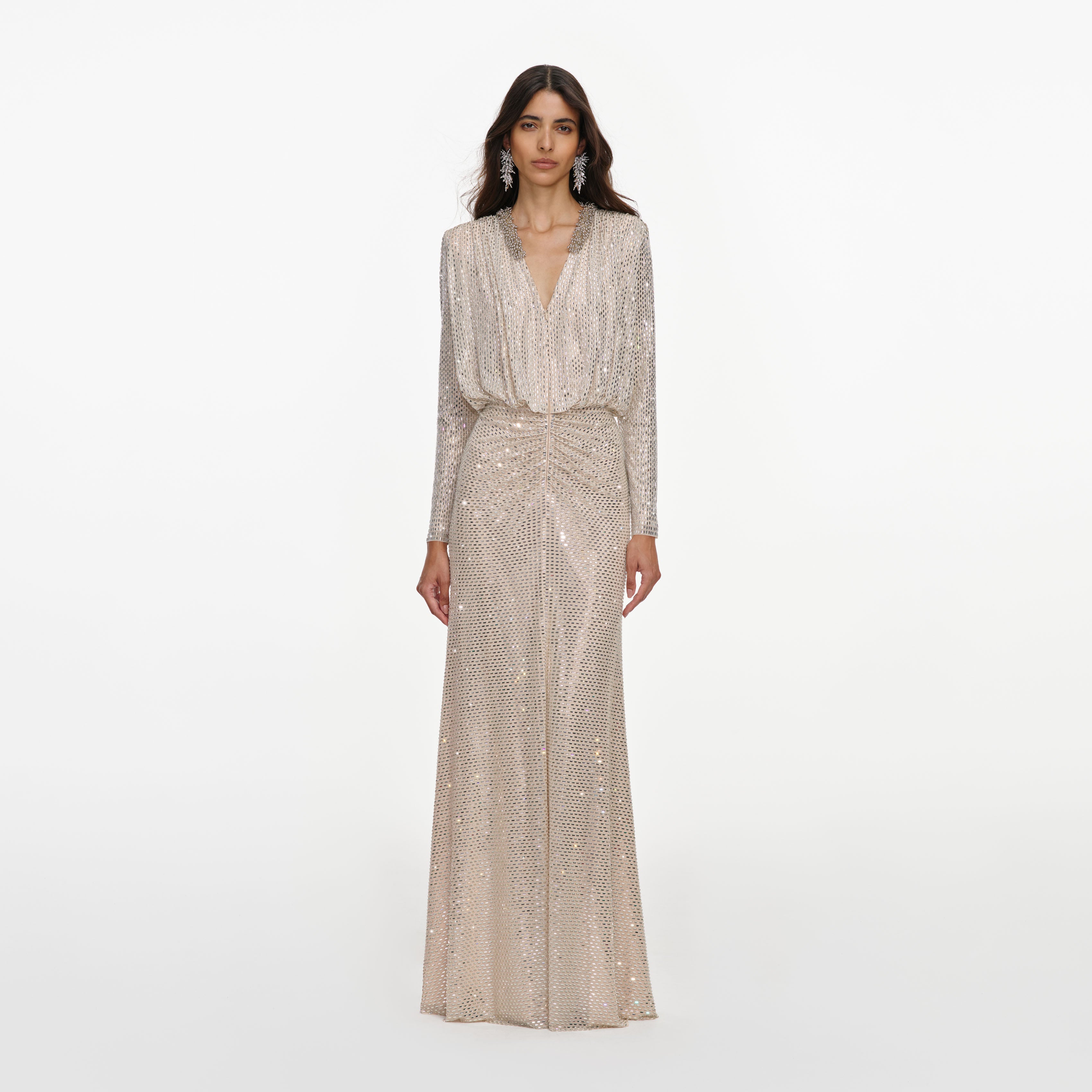 Self Portrait Champagne Rhinestone Embellished Maxi Dress