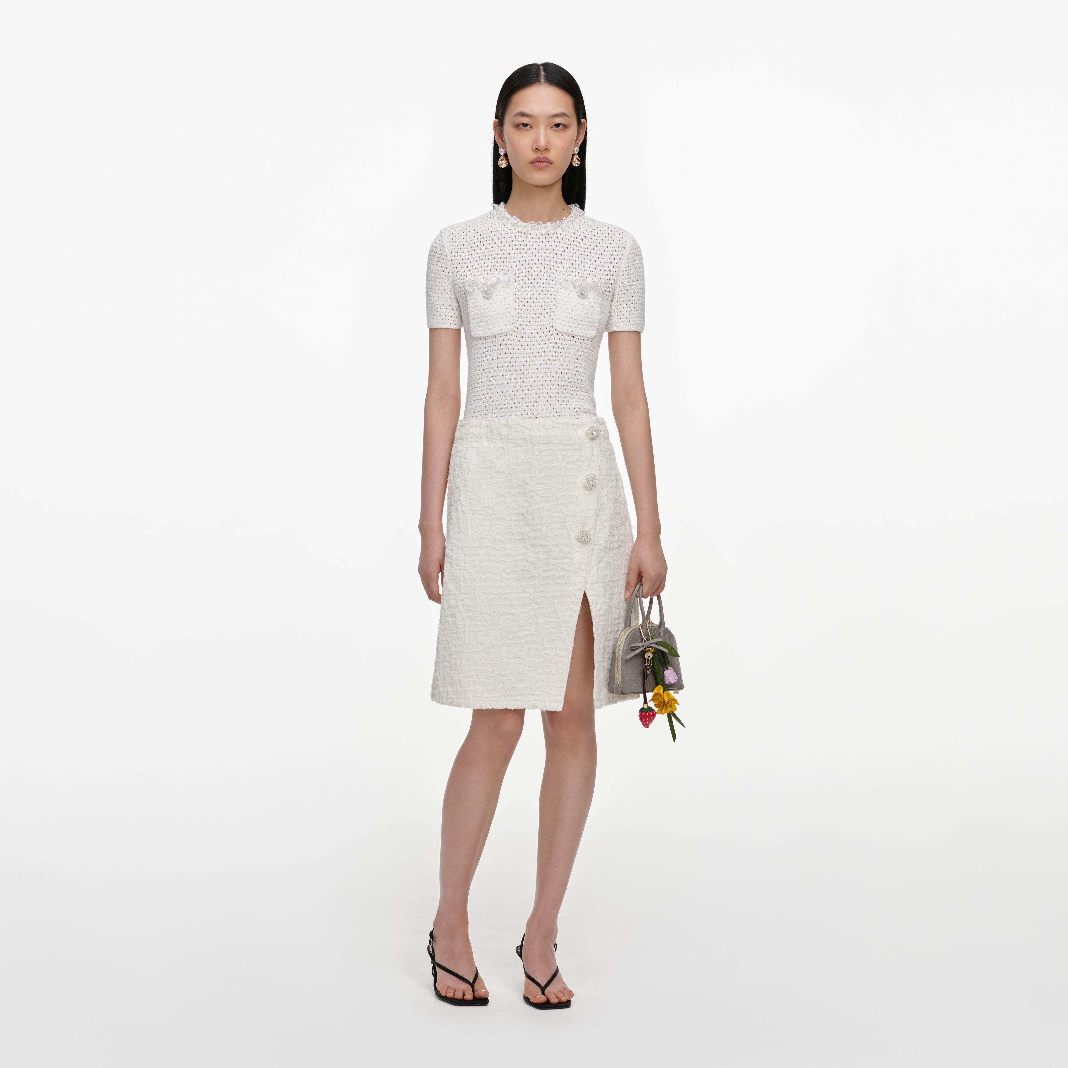 Self Portrait Cream Textured Denim Midi Skirt