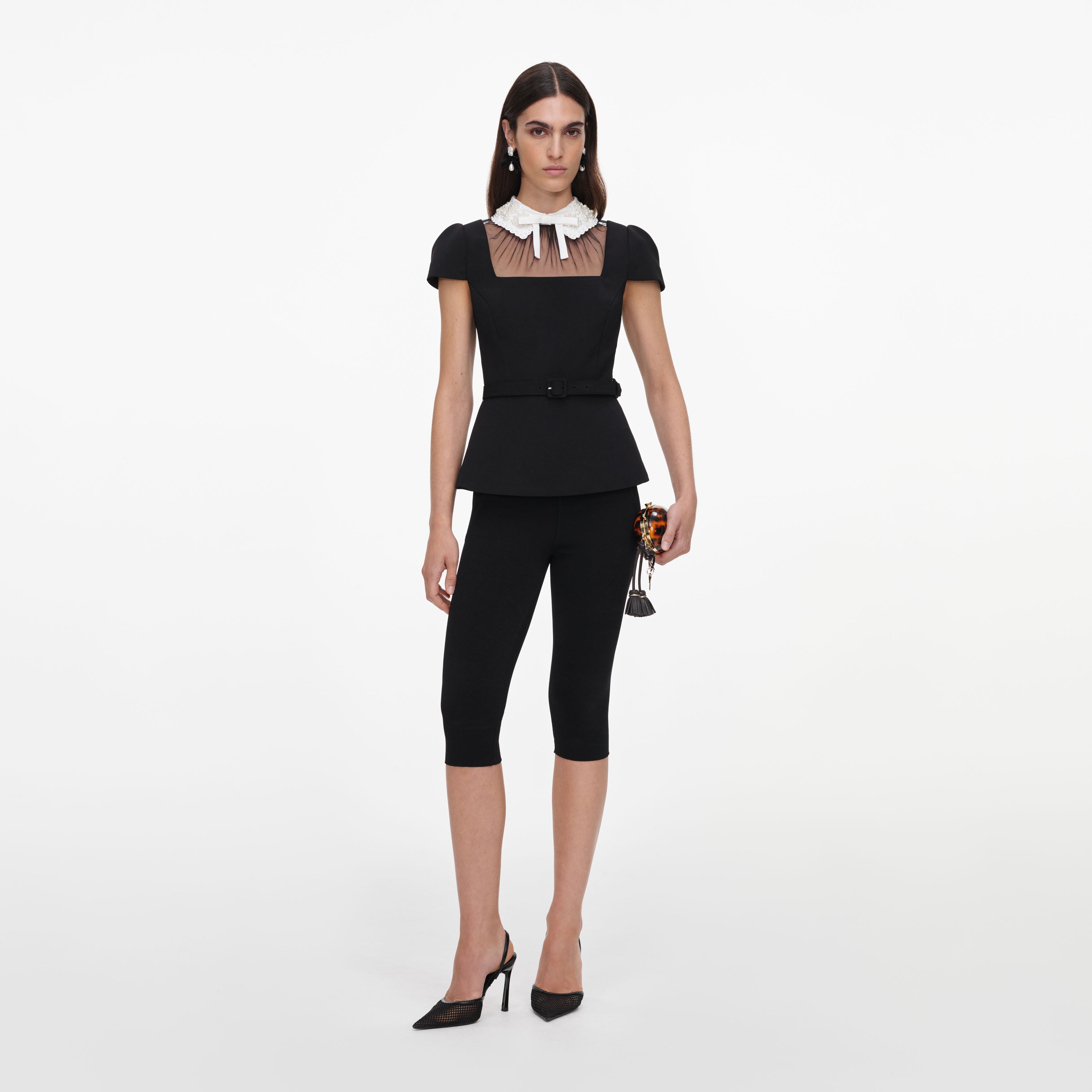 Self Portrait Black Crepe Bow Collar Top