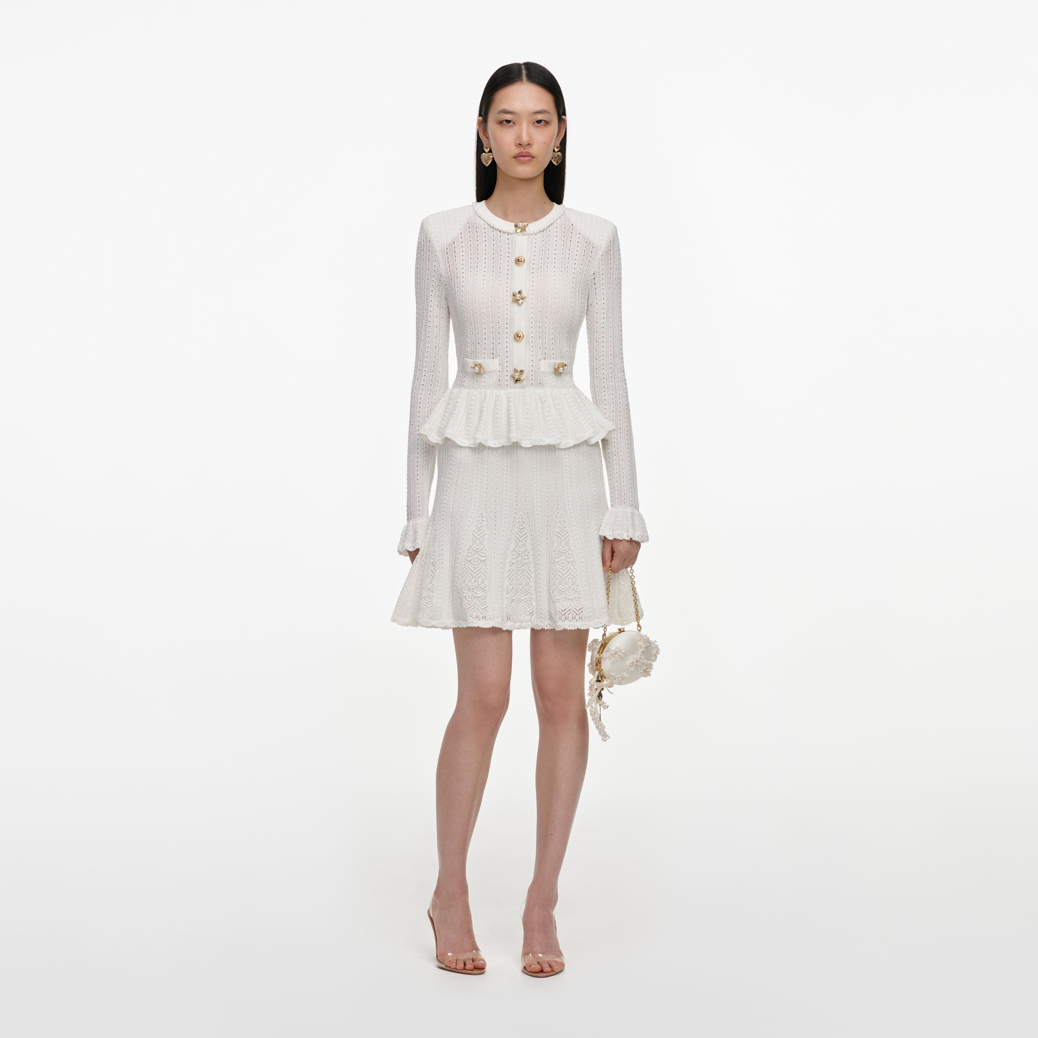 Self Portrait White Pointelle Peplum Knit Mini Dress