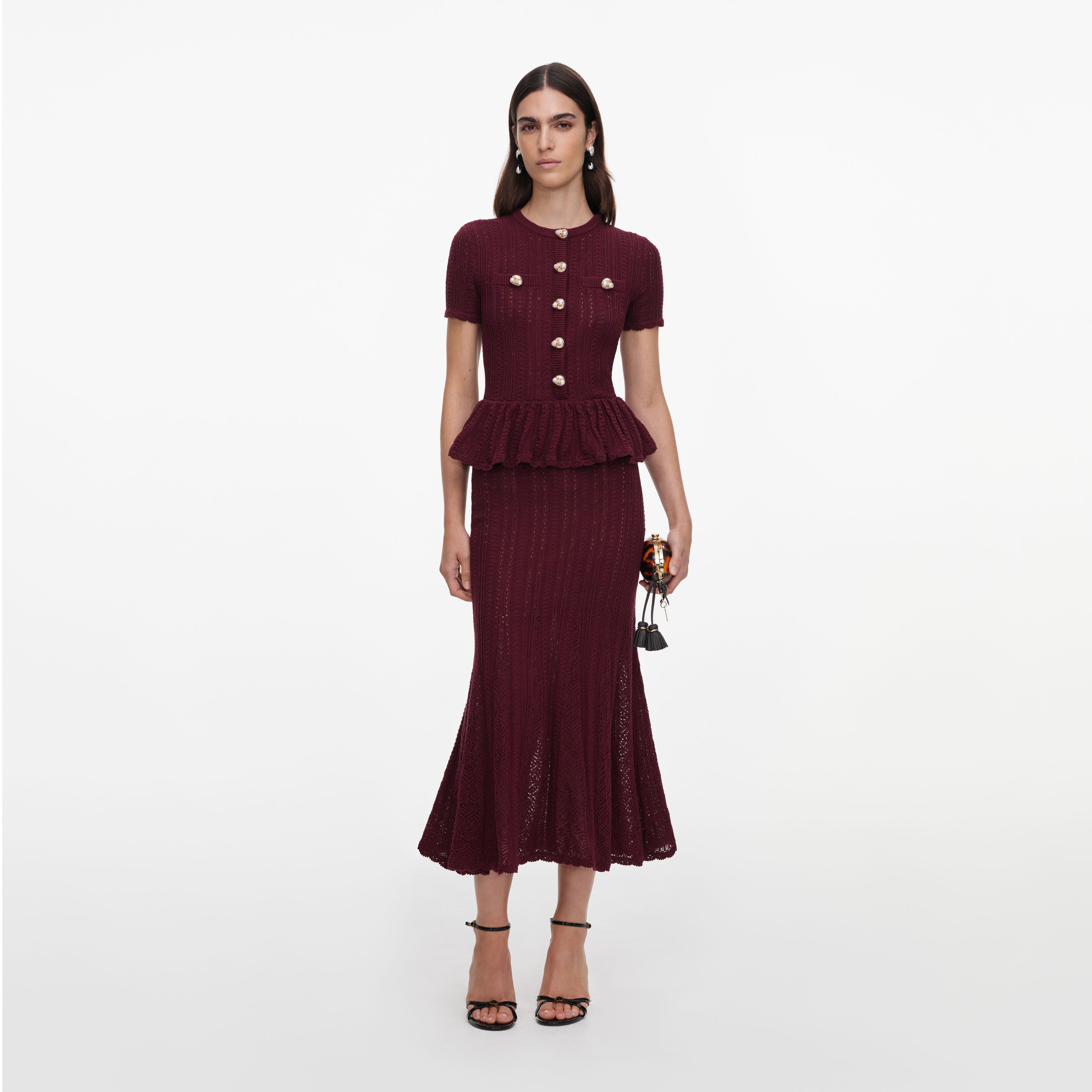 Self Portrait Burgundy Pointelle Peplum Knit Midi Dress