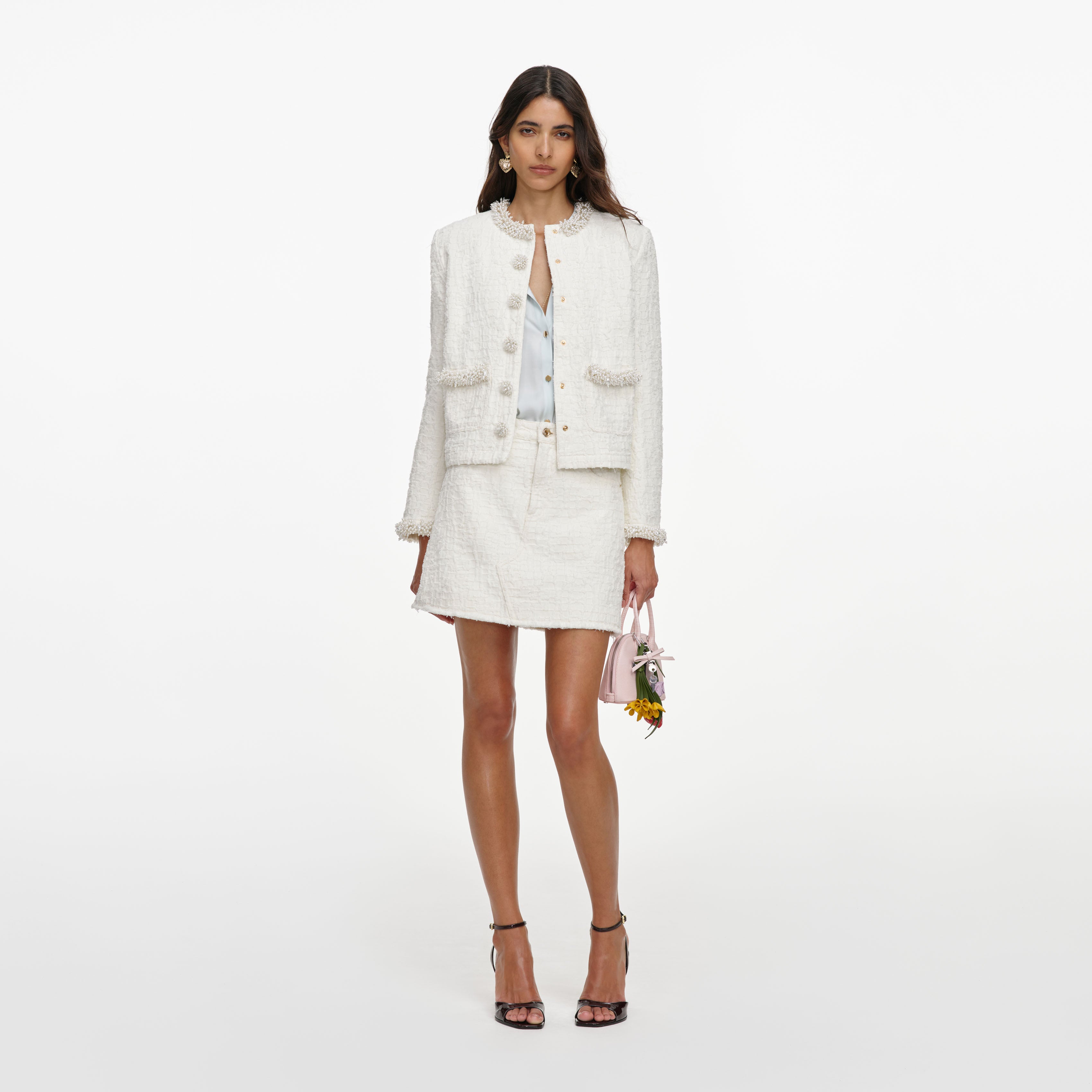 Self Portrait Cream Textured Denim Jacket