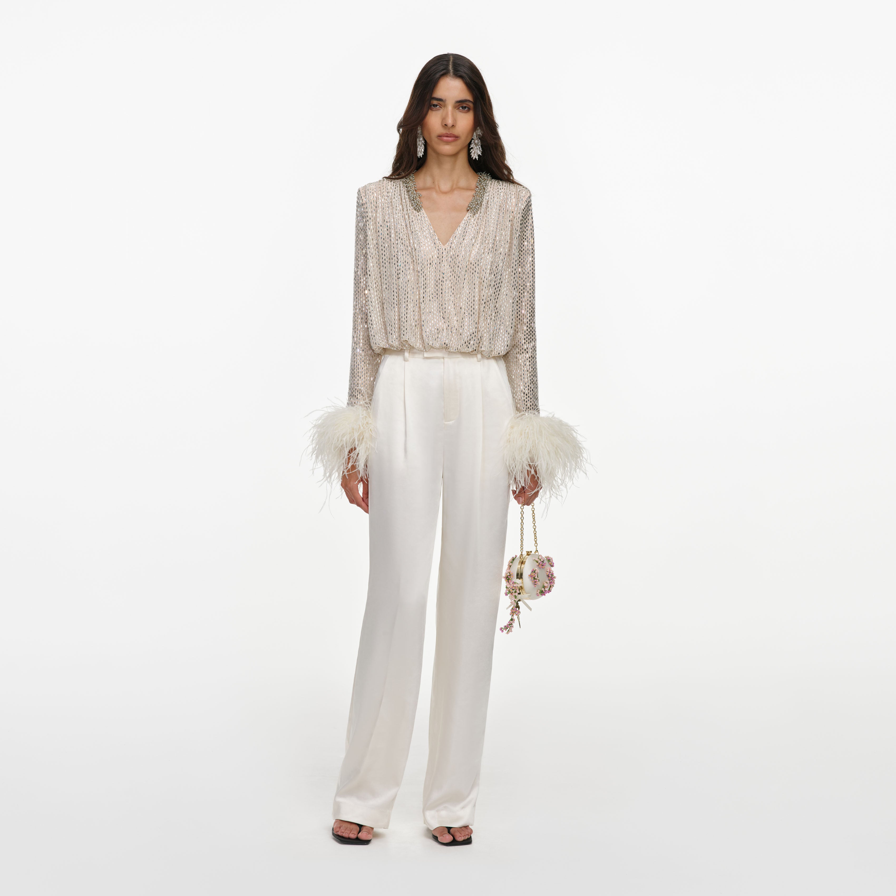 Self Portrait Champagne Rhinestone Embellished Feather Top