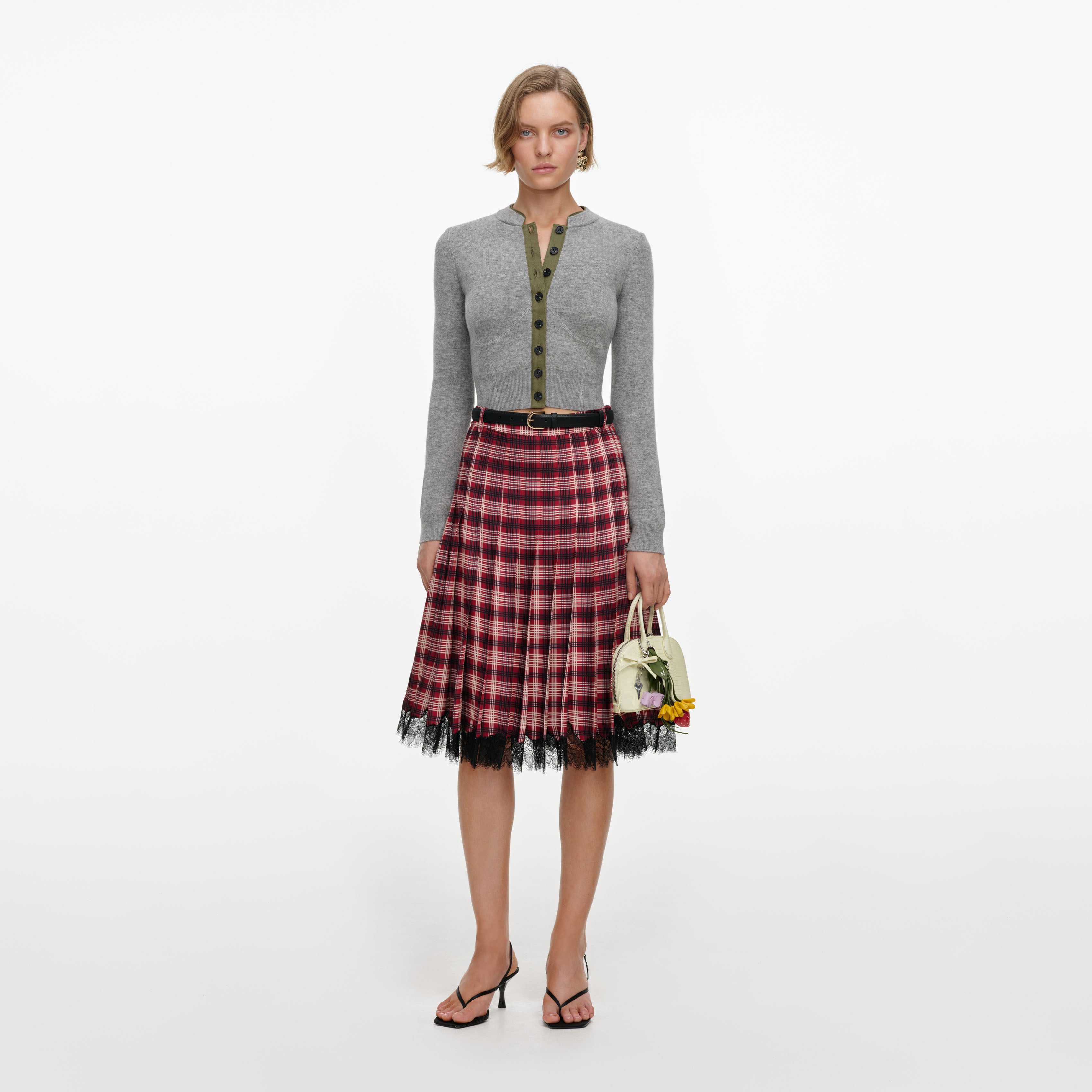Self Portrait Burgundy Check Chiffon Midi Skirt