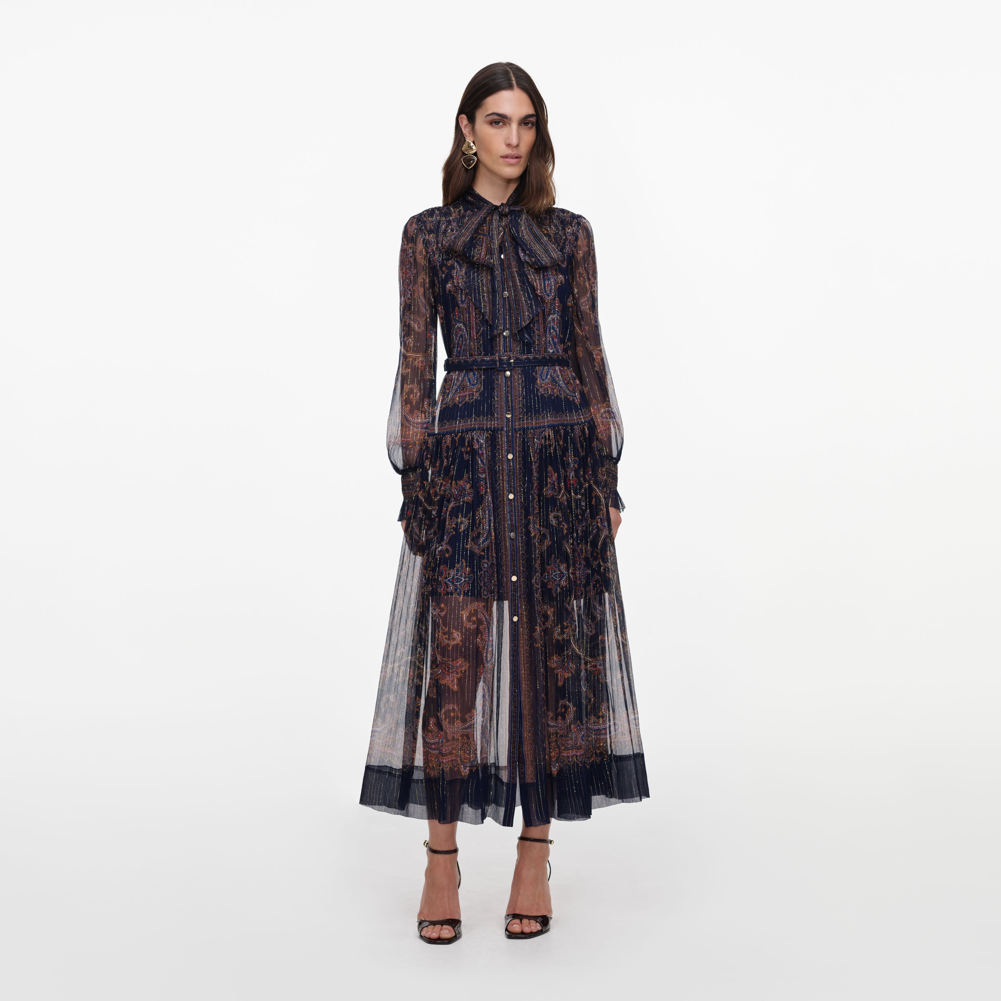 Self Portrait Navy Printed Georgette Midi Dress