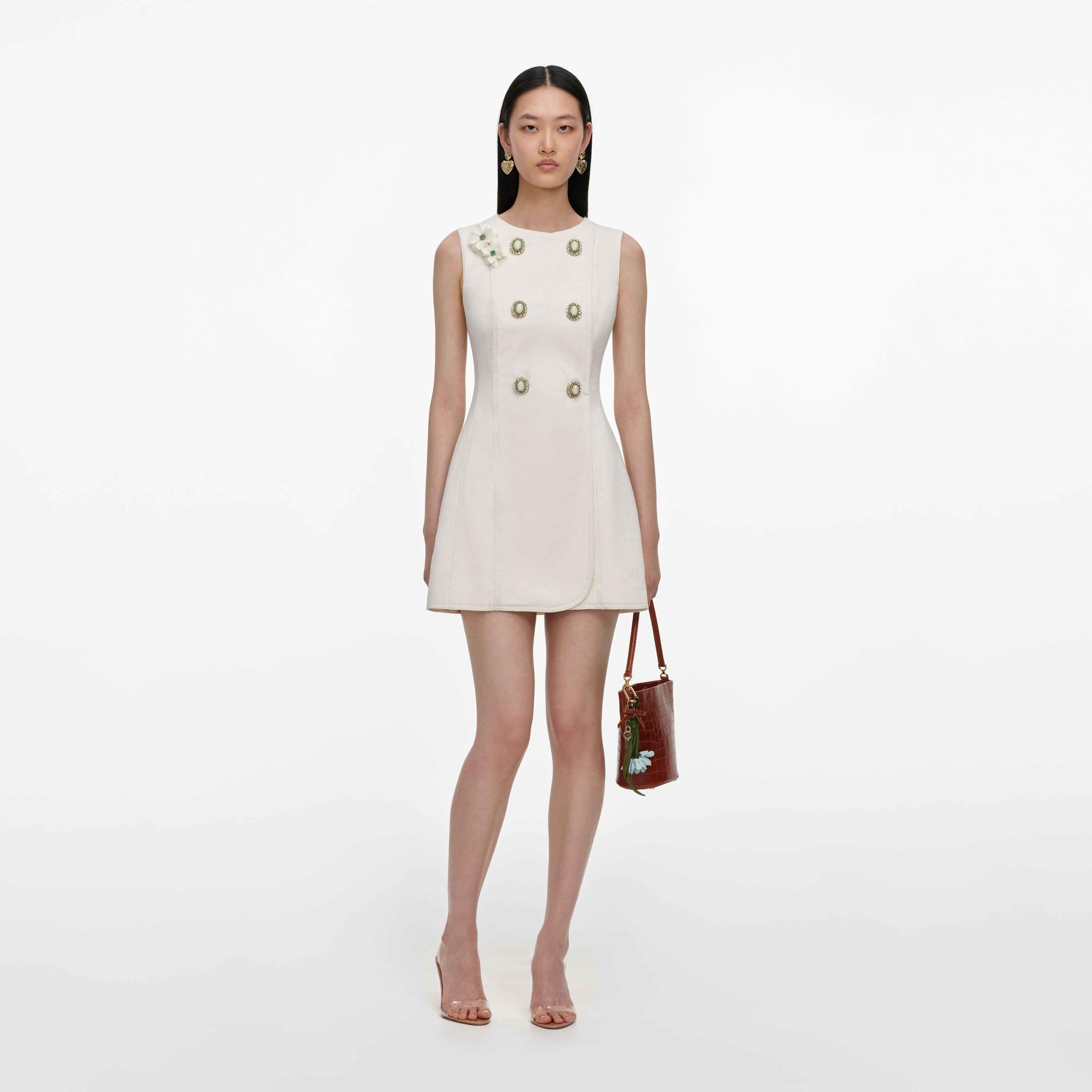 Self Portrait Cream Denim Double Breasted Mini Dress
