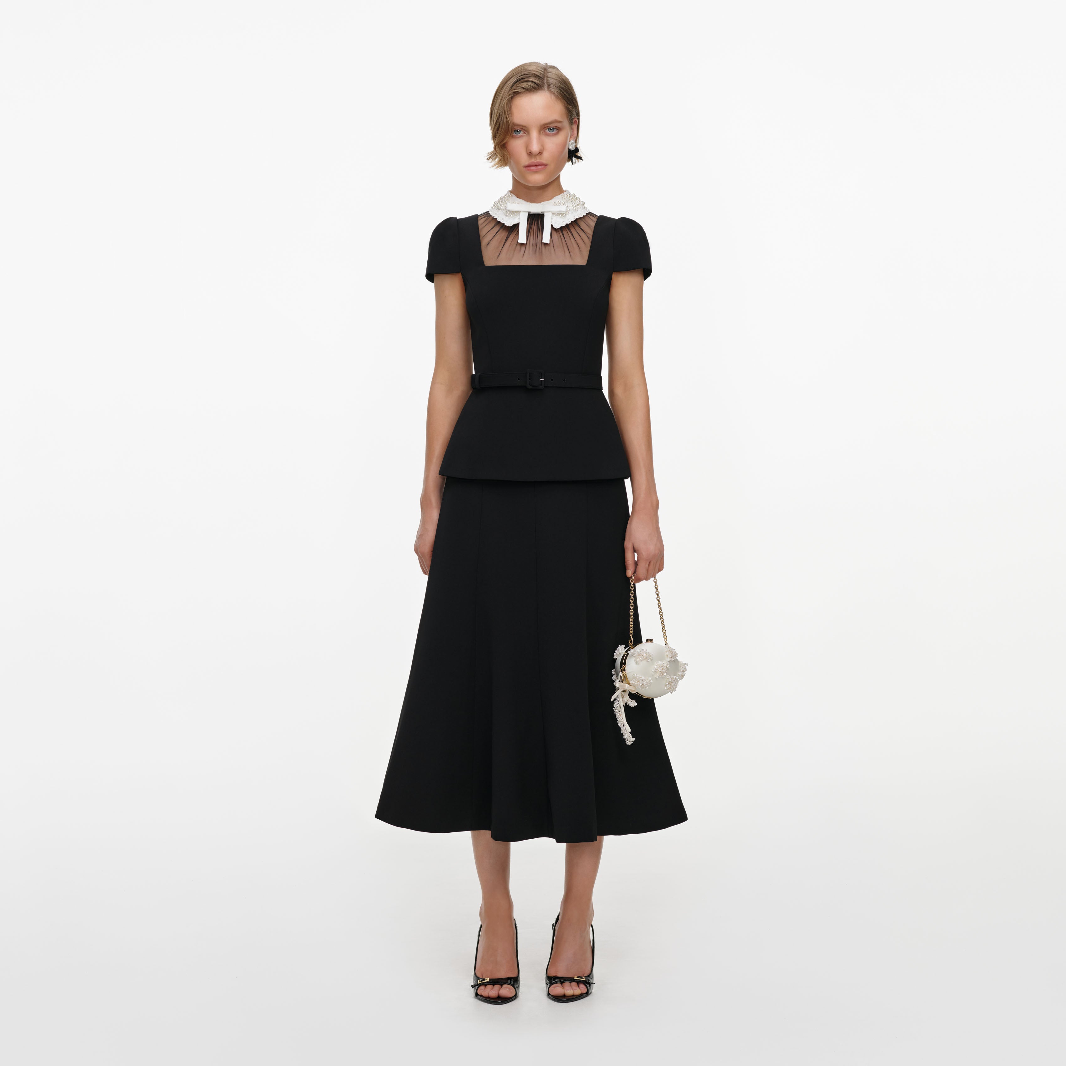 Self Portrait Black Crepe Bow Peplum Midi Dress