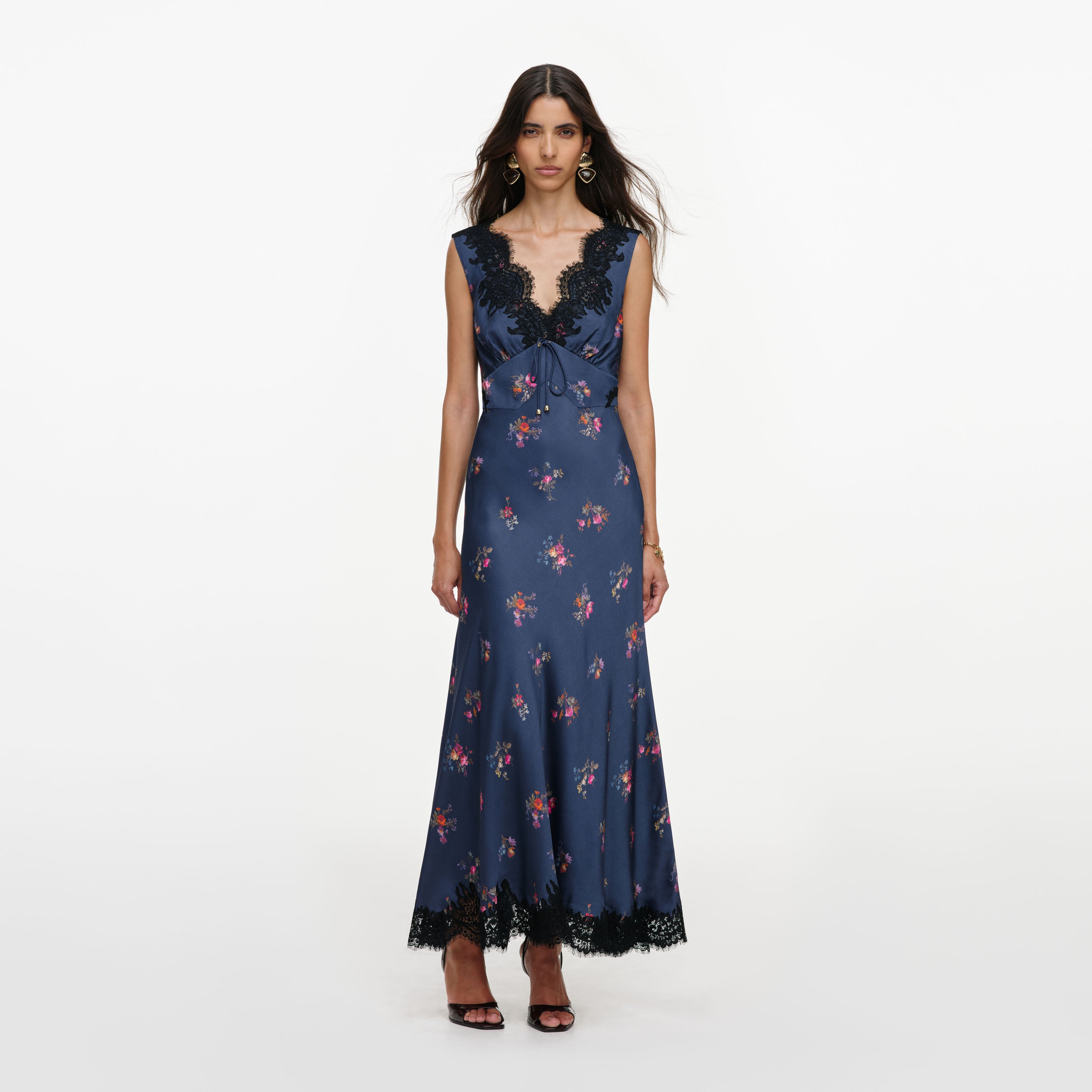 Self Portrait Navy Satin Printed Lace Midi Dress