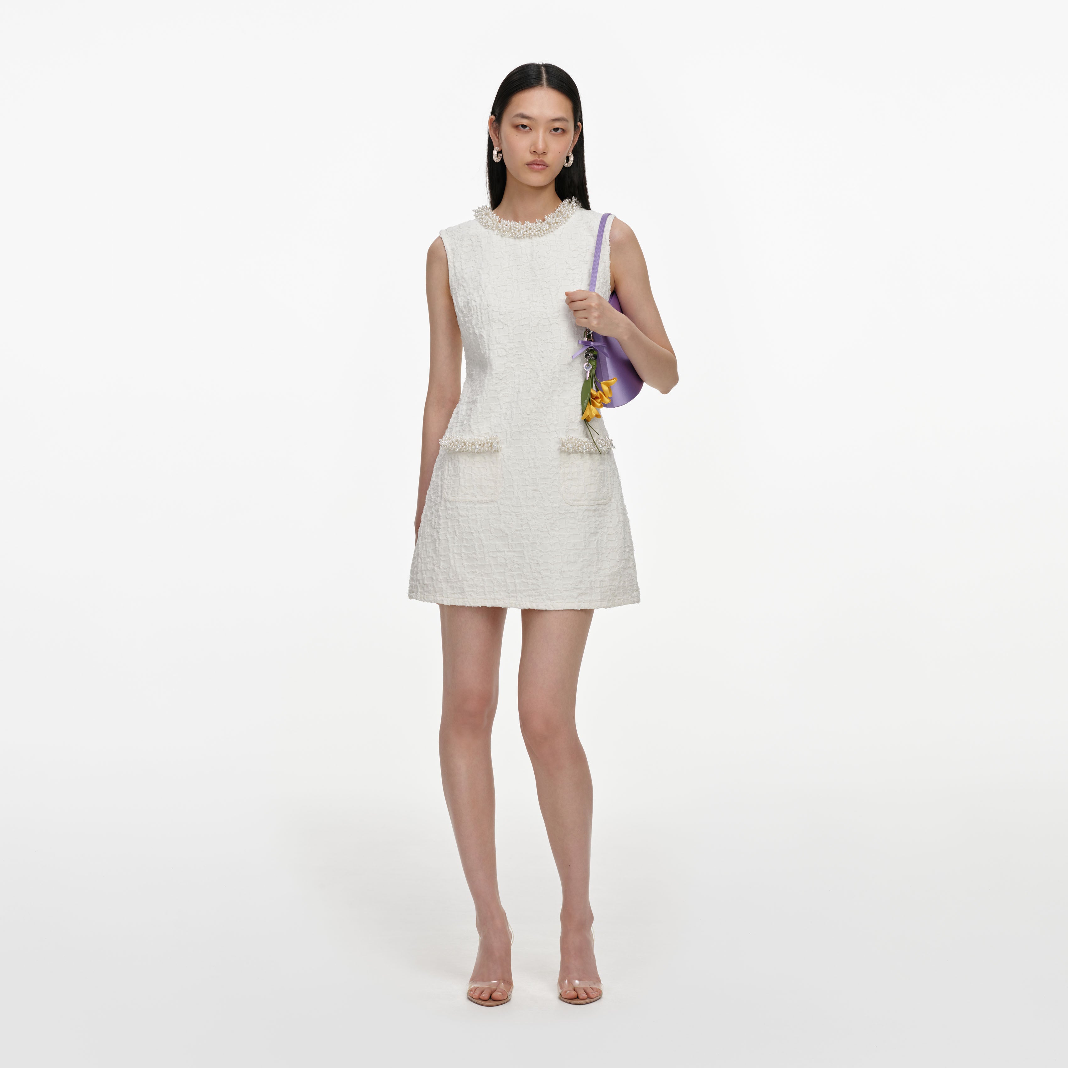 Self Portrait Cream Textured Denim Mini Dress