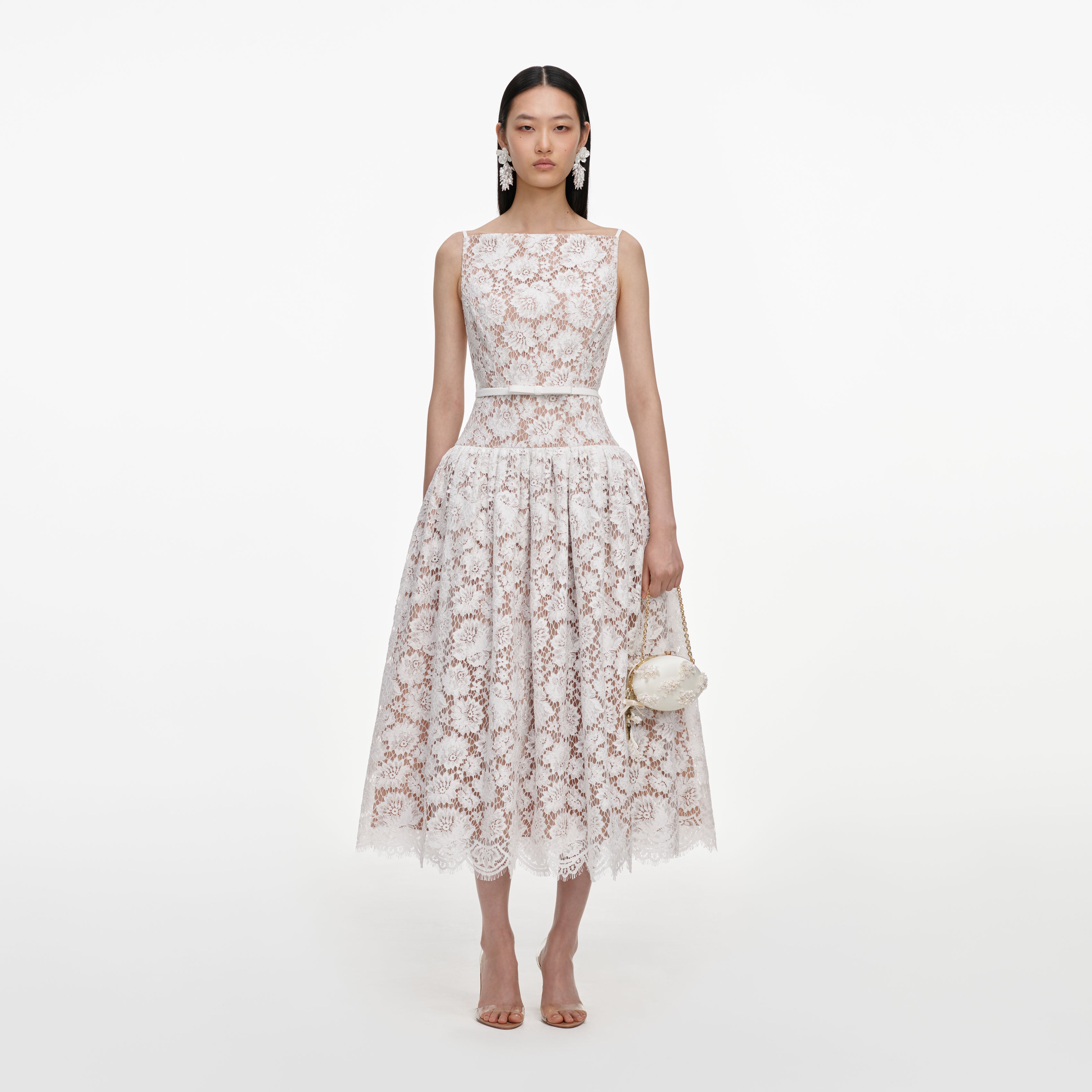 Self Portrait White Lace Flared Midi Dress