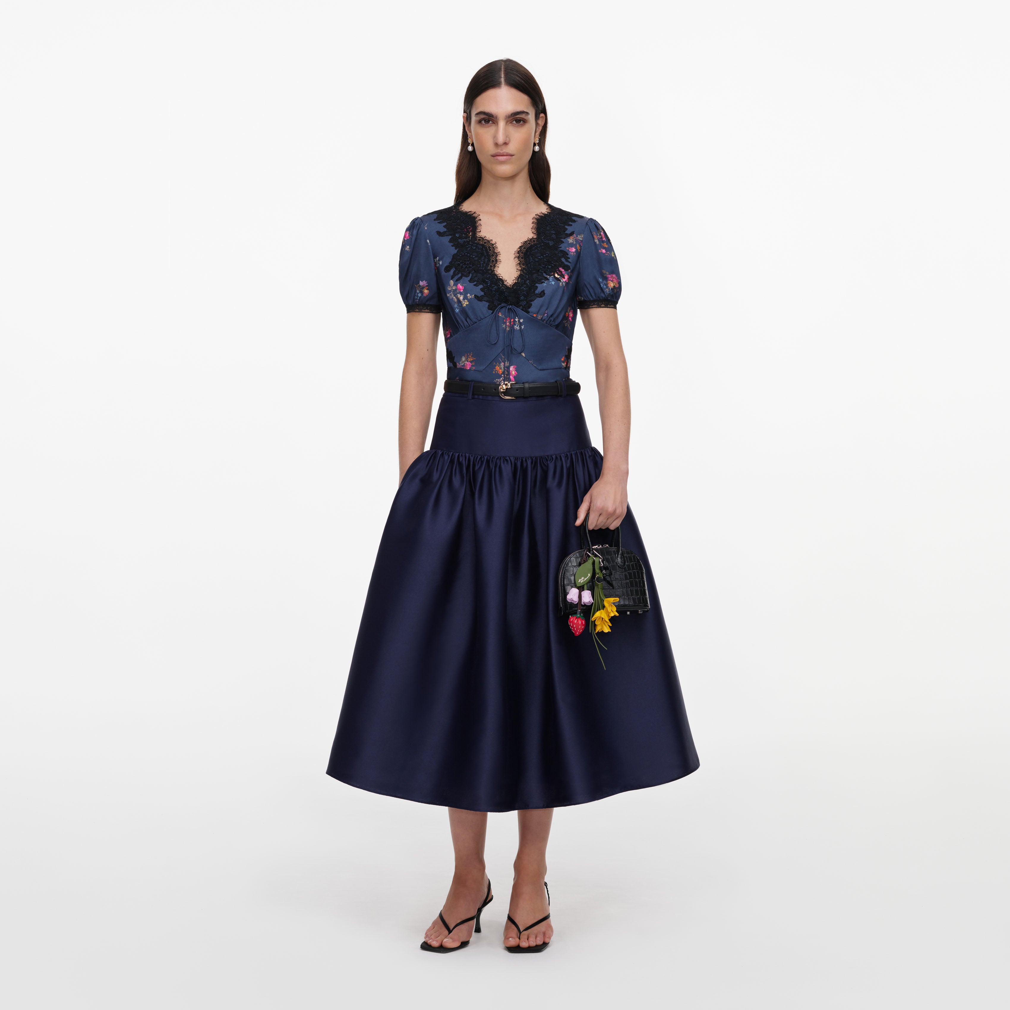 Self Portrait Navy Taffeta Midi Skirt