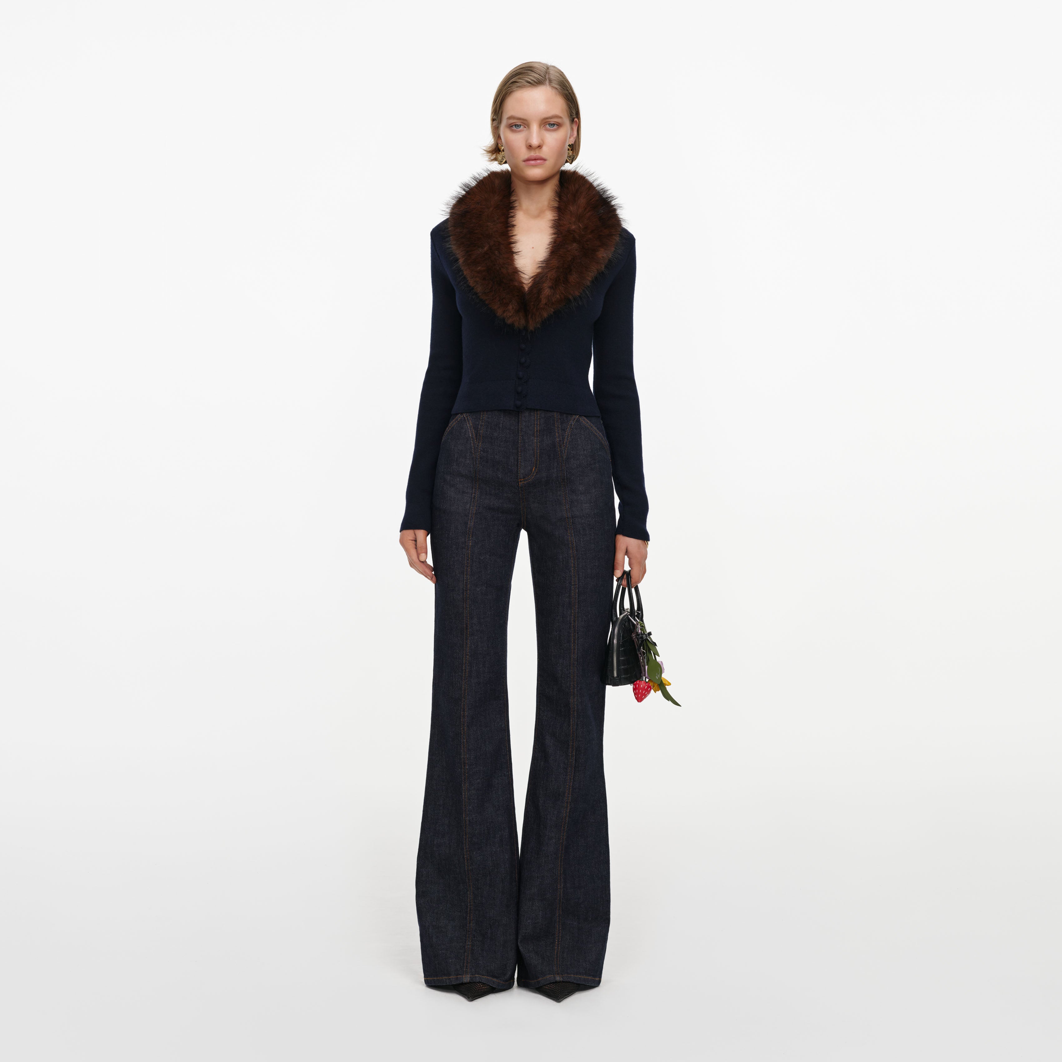 Self Portrait Navy Faux Fur Knit Cardigan
