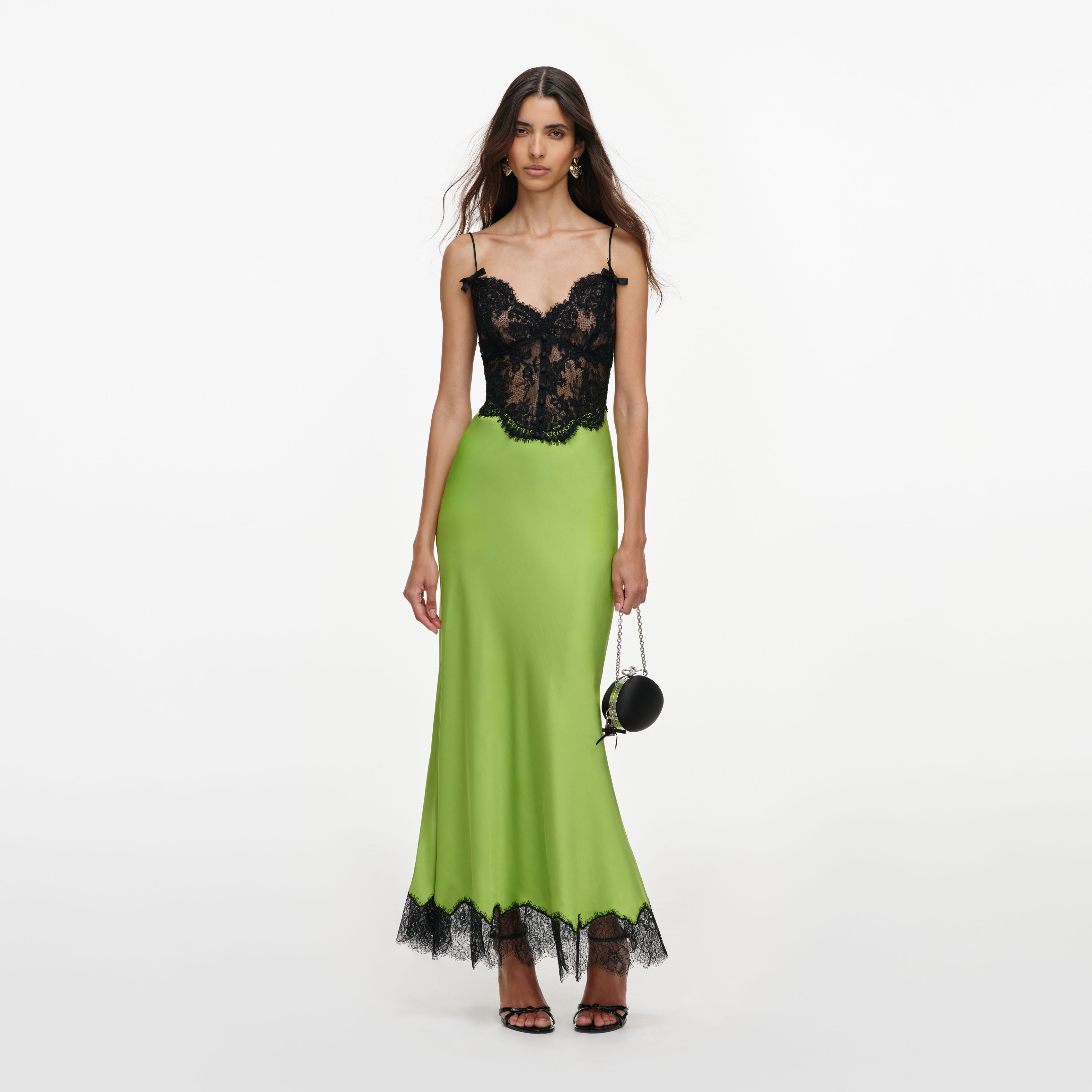 Self Portrait Green Satin Lace Midi Dress