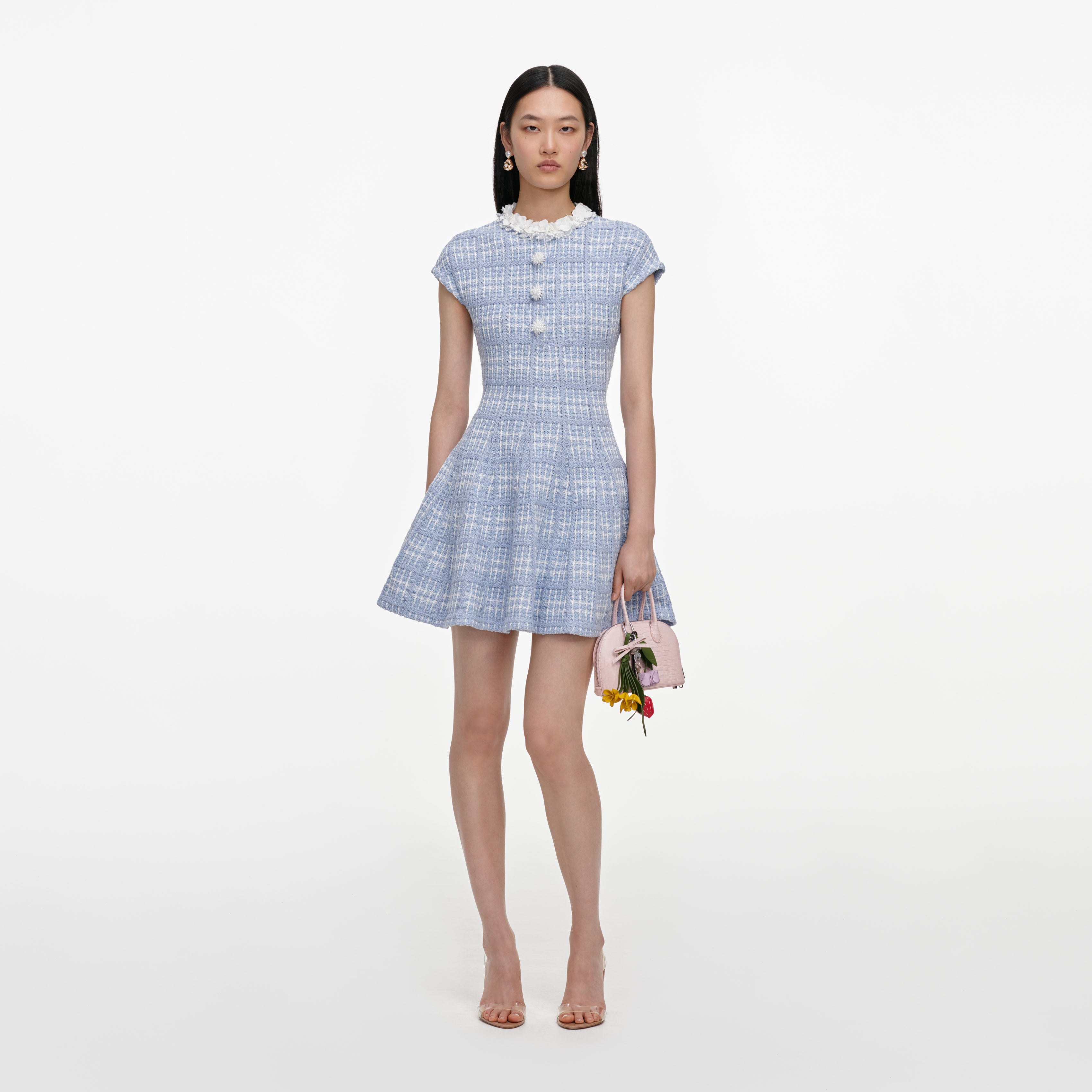 Self Portrait Blue Check Knit Beaded Mini Dress