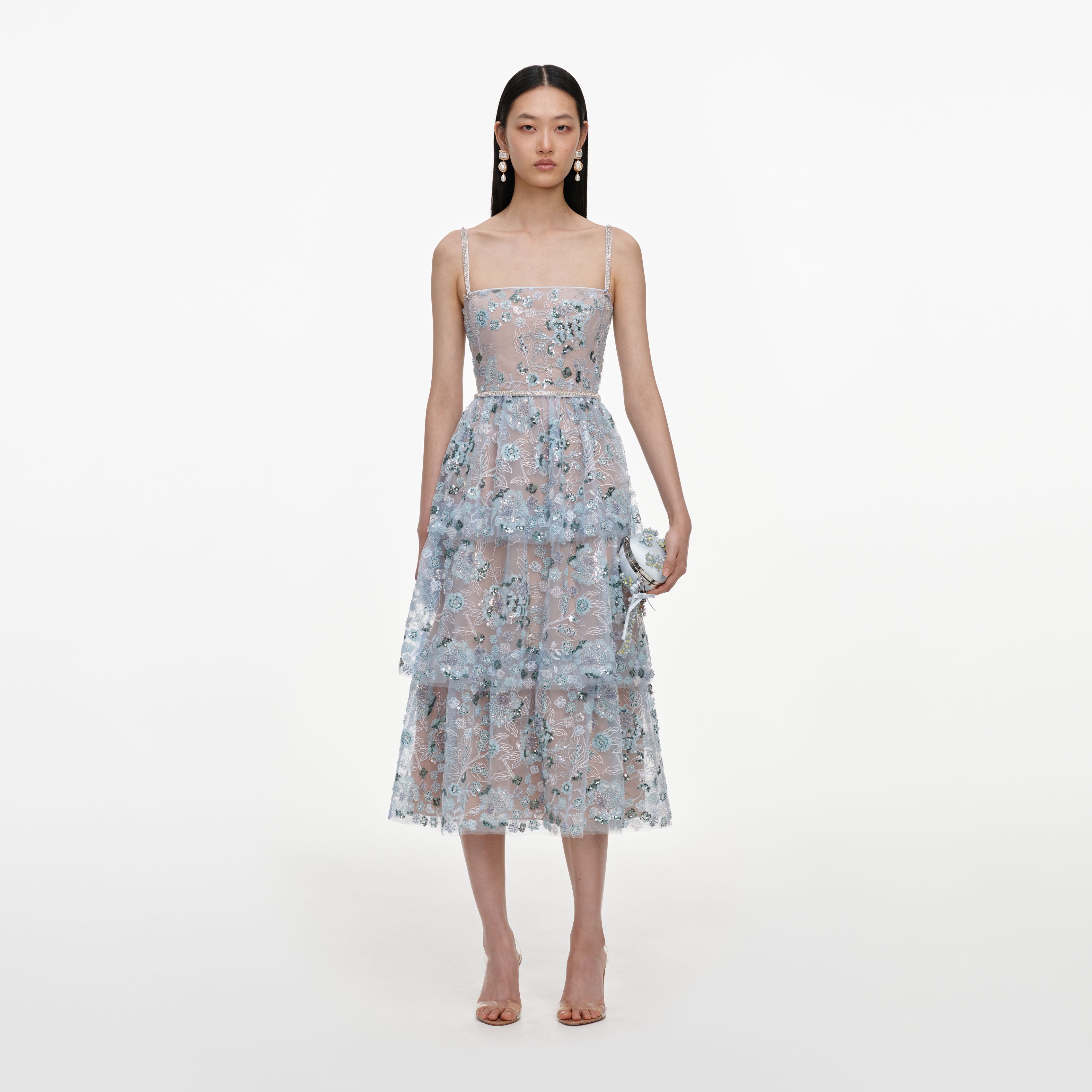 Self Portrait Blue Sequin Embellished Tiered Midi Dress